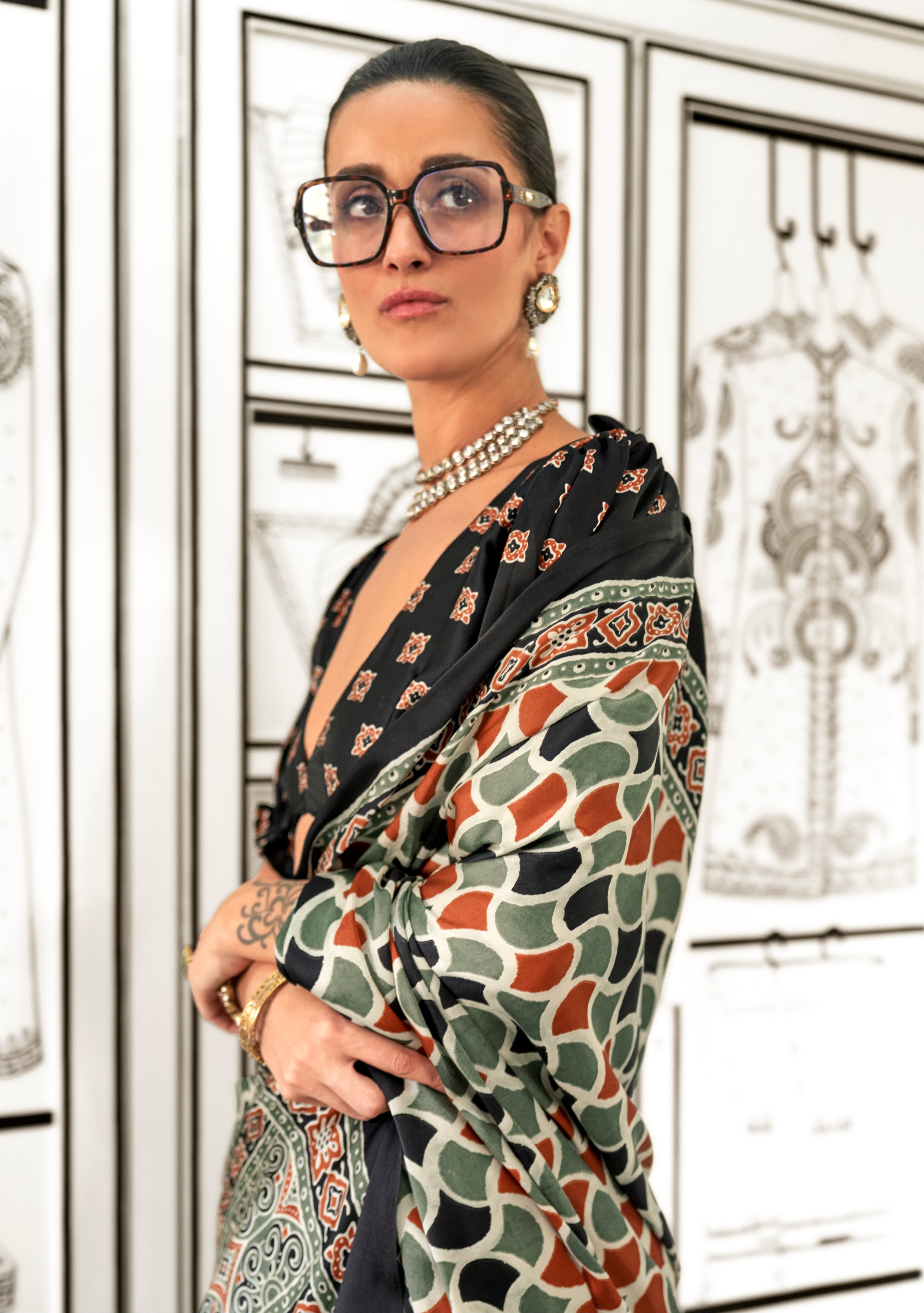 Black Satin Crape Saree With  Digital Print