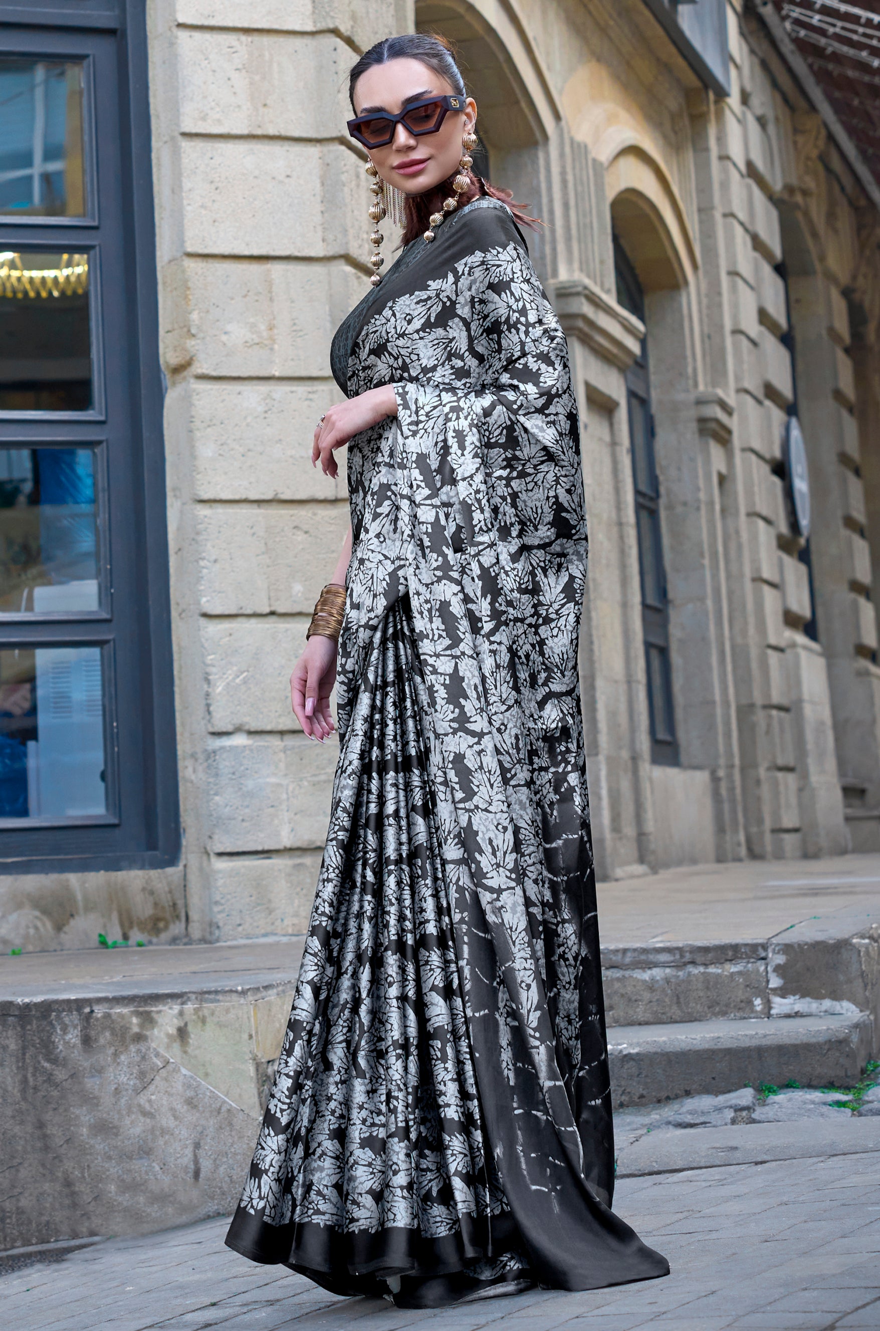 Black Satin Saree With  Digital Print