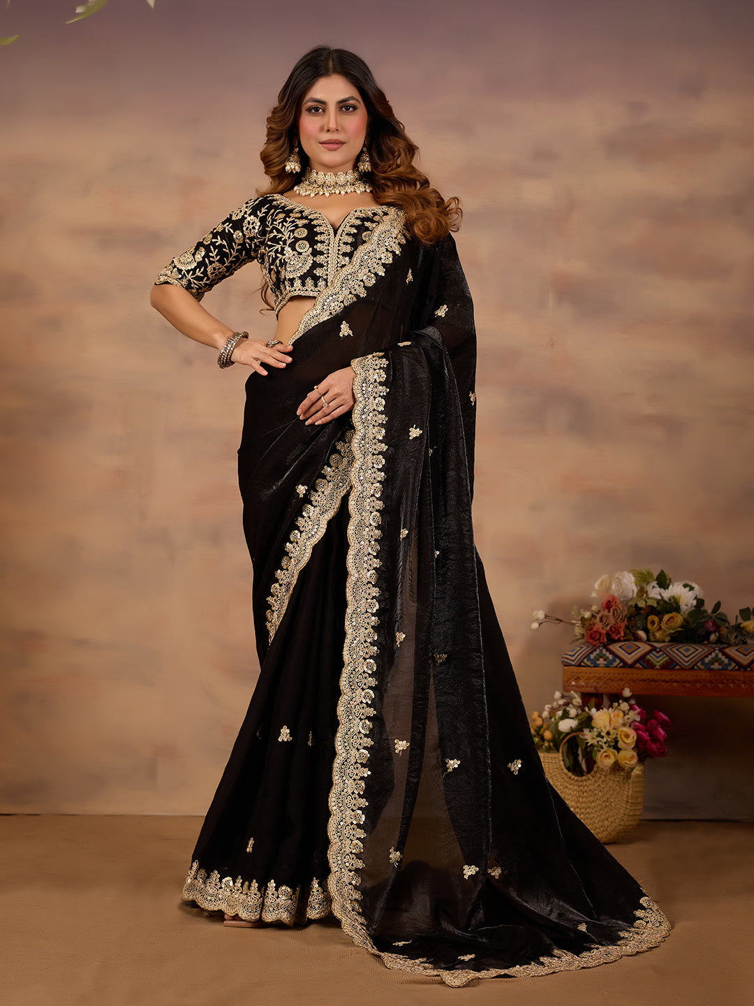 Black Satin Silk Party Wear Saree With Rich Sequins Work