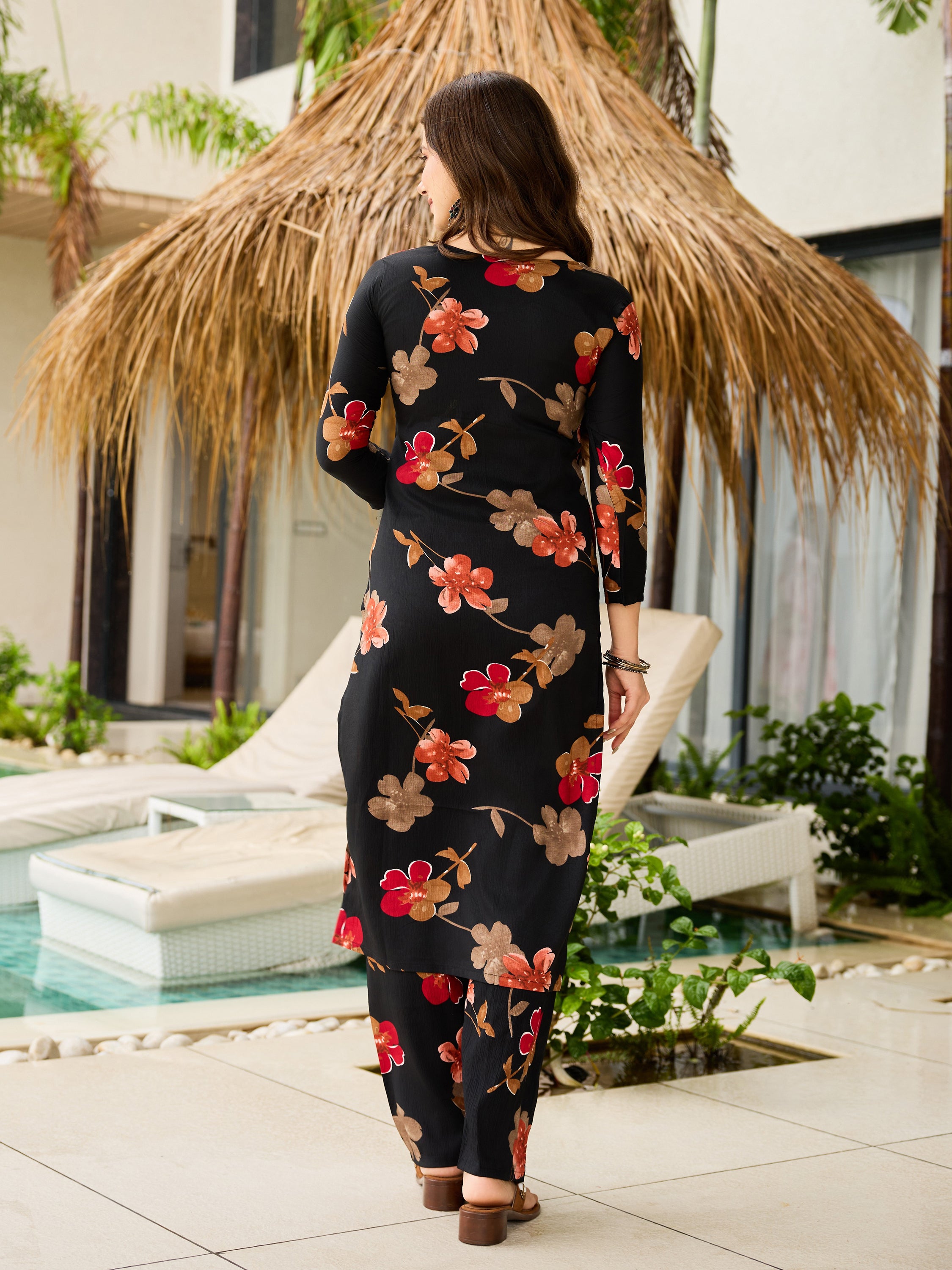 Black Silk Blend Kurta Pant Set  Printed