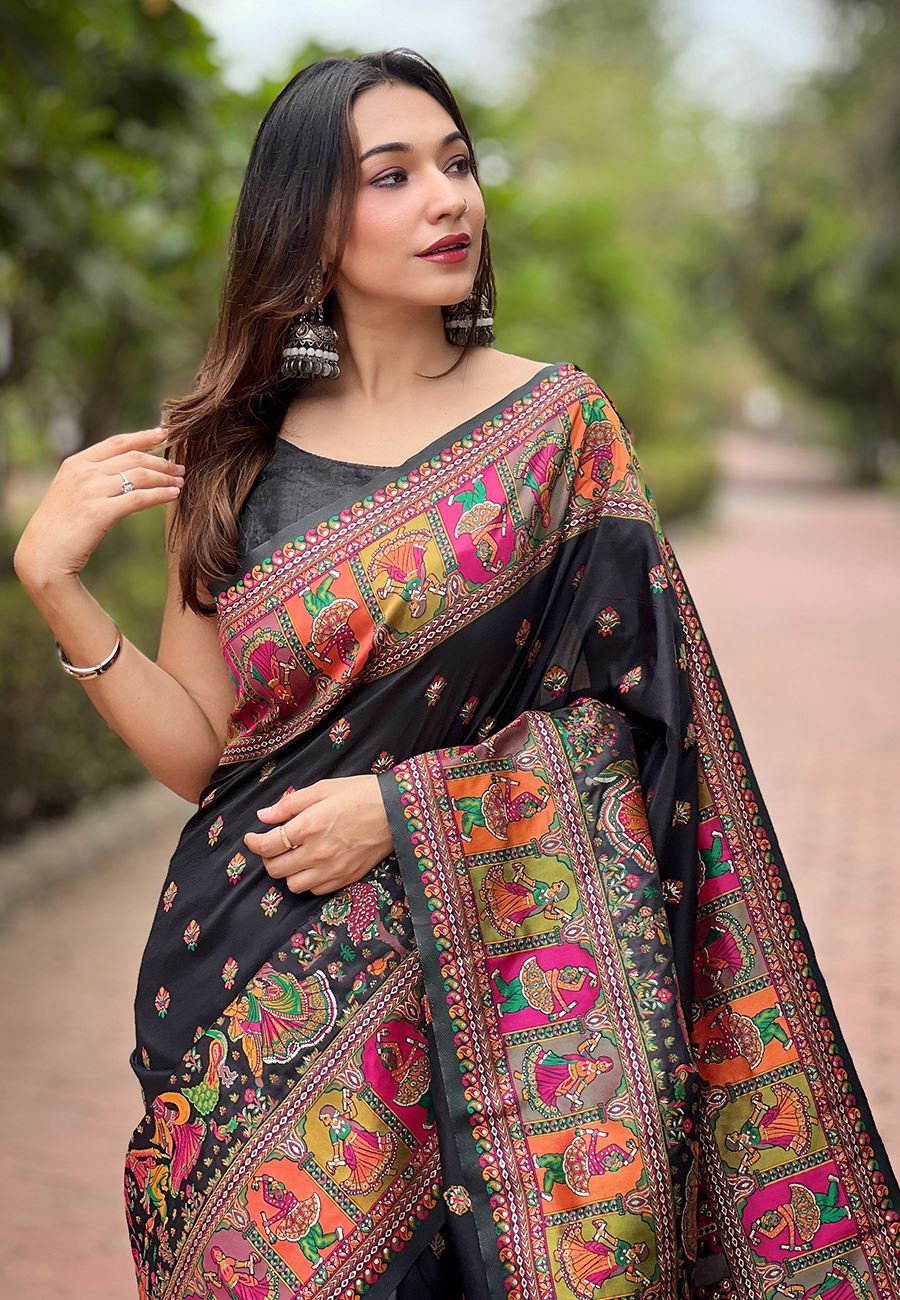 Black Silk Blend Pashmina Saree With Woven Work