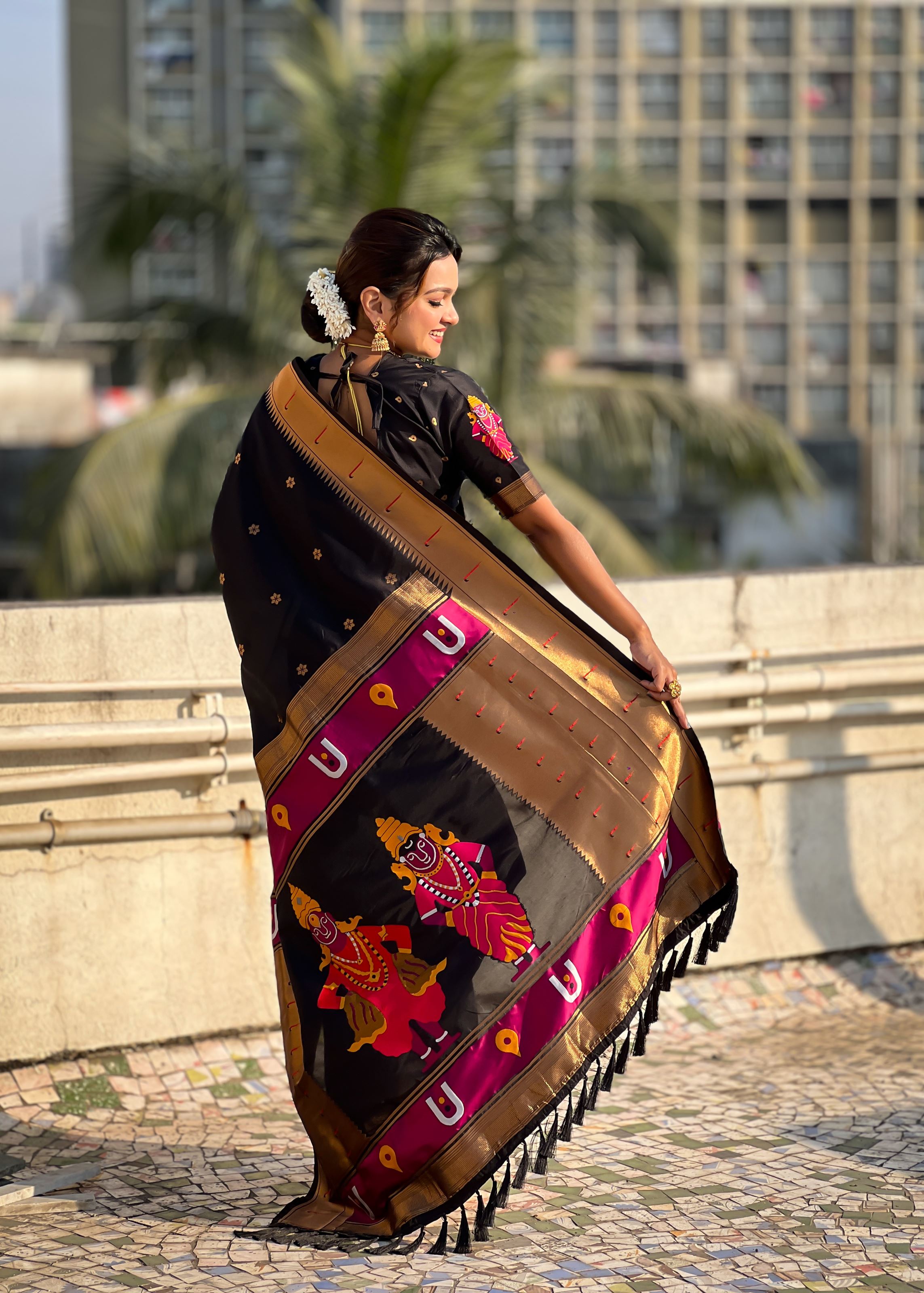Black Silk Blend Vitthala God Paithani Silk Saree