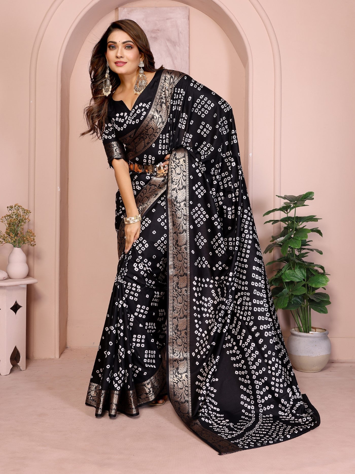 Black Silk Saree With Bandhej And Elegant Zari Weaving
