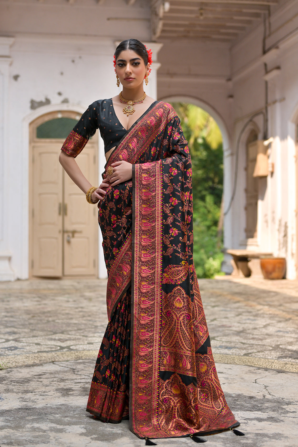 Black Silk Saree with Thread Jal and Floral Weaves