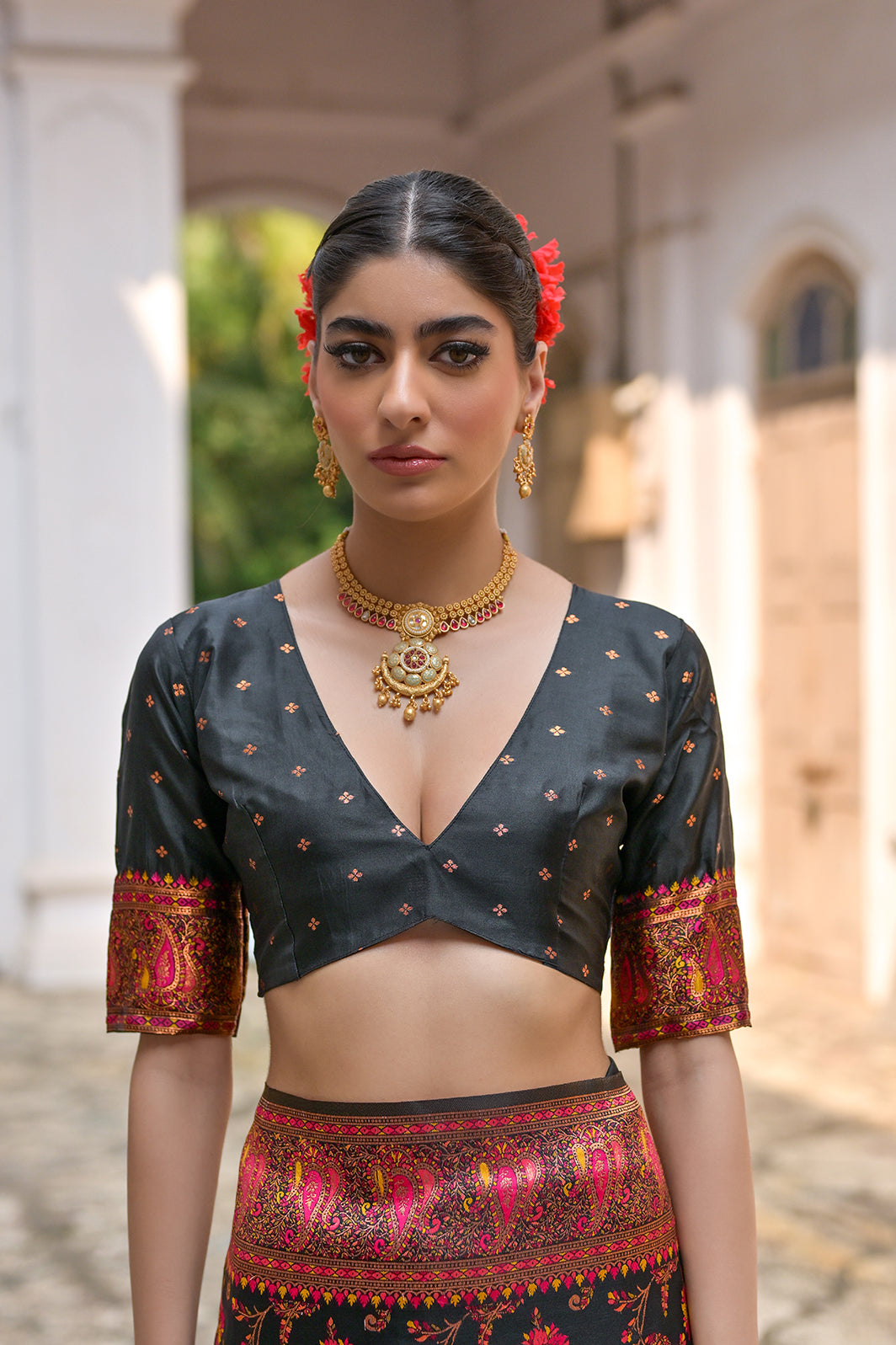 Black Silk Saree with Thread Jal and Floral Weaves
