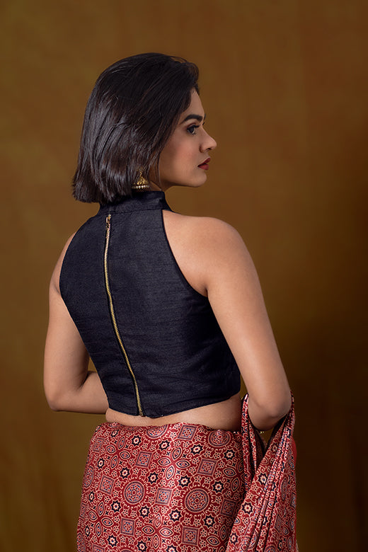 Black Sleeveless Blouse In A High Collar And A Halter Neckline with Back-Zip Closure