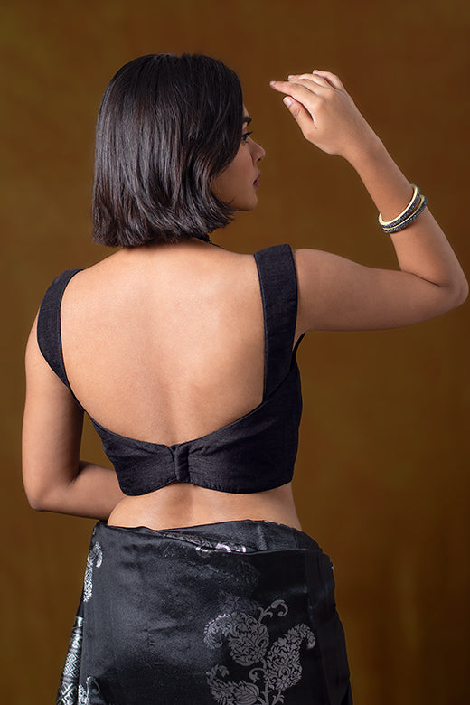 Black Sleeveless Blouse in Art Silk With Sweetheart Neckline