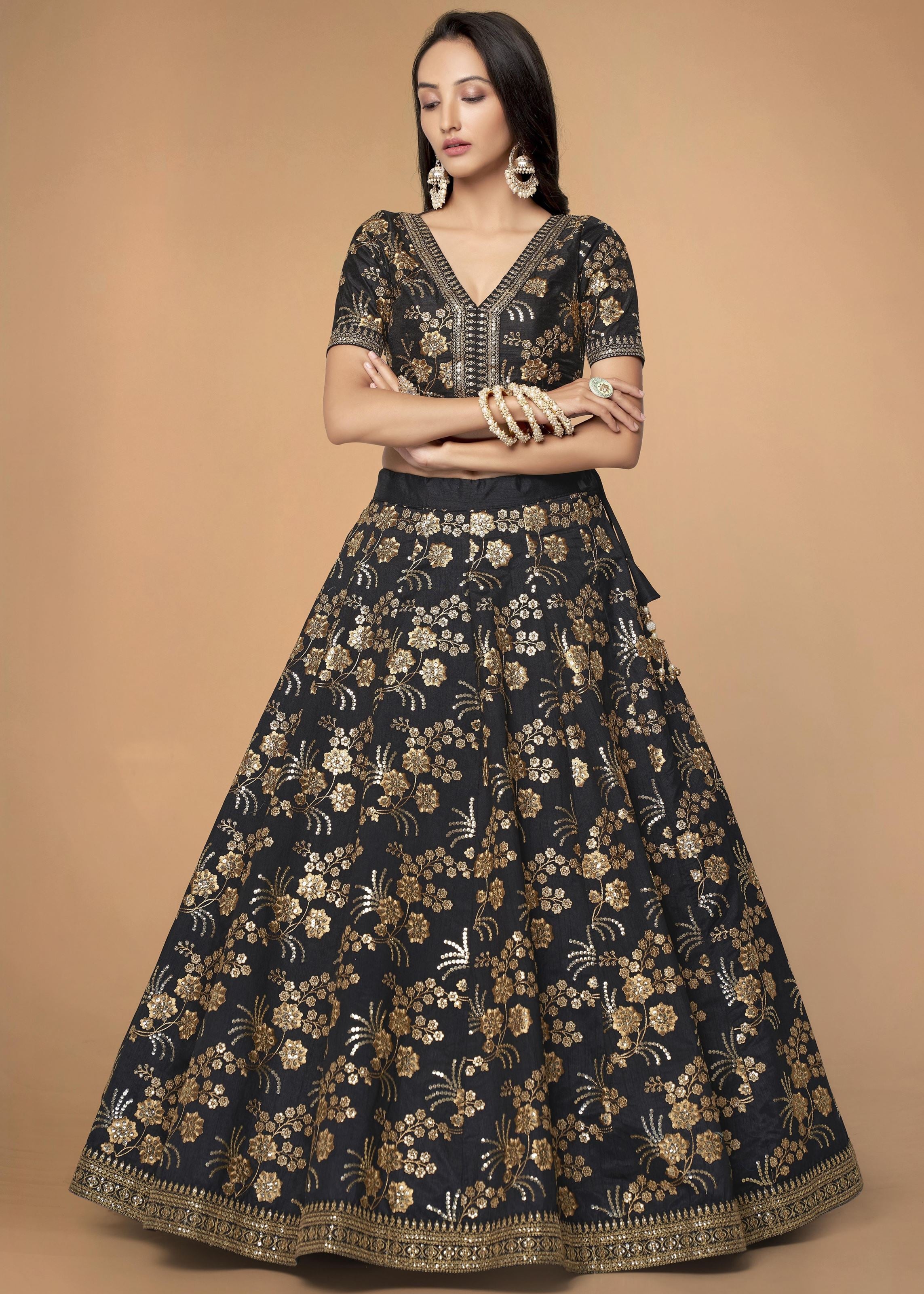 Black Slub Silk Lehenga Choli With Zari Sequins and Dori Embroidery Work