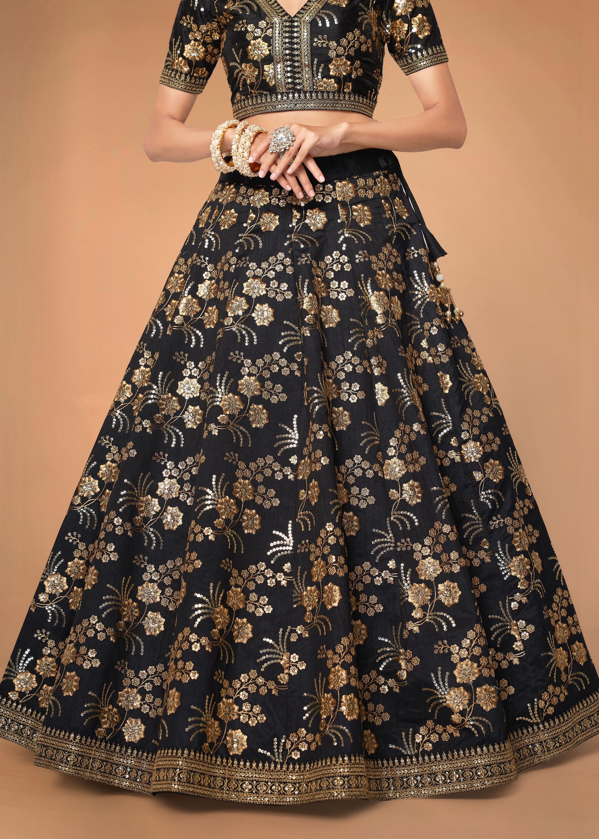 Black Slub Silk Lehenga Choli With Zari Sequins and Dori Embroidery Work
