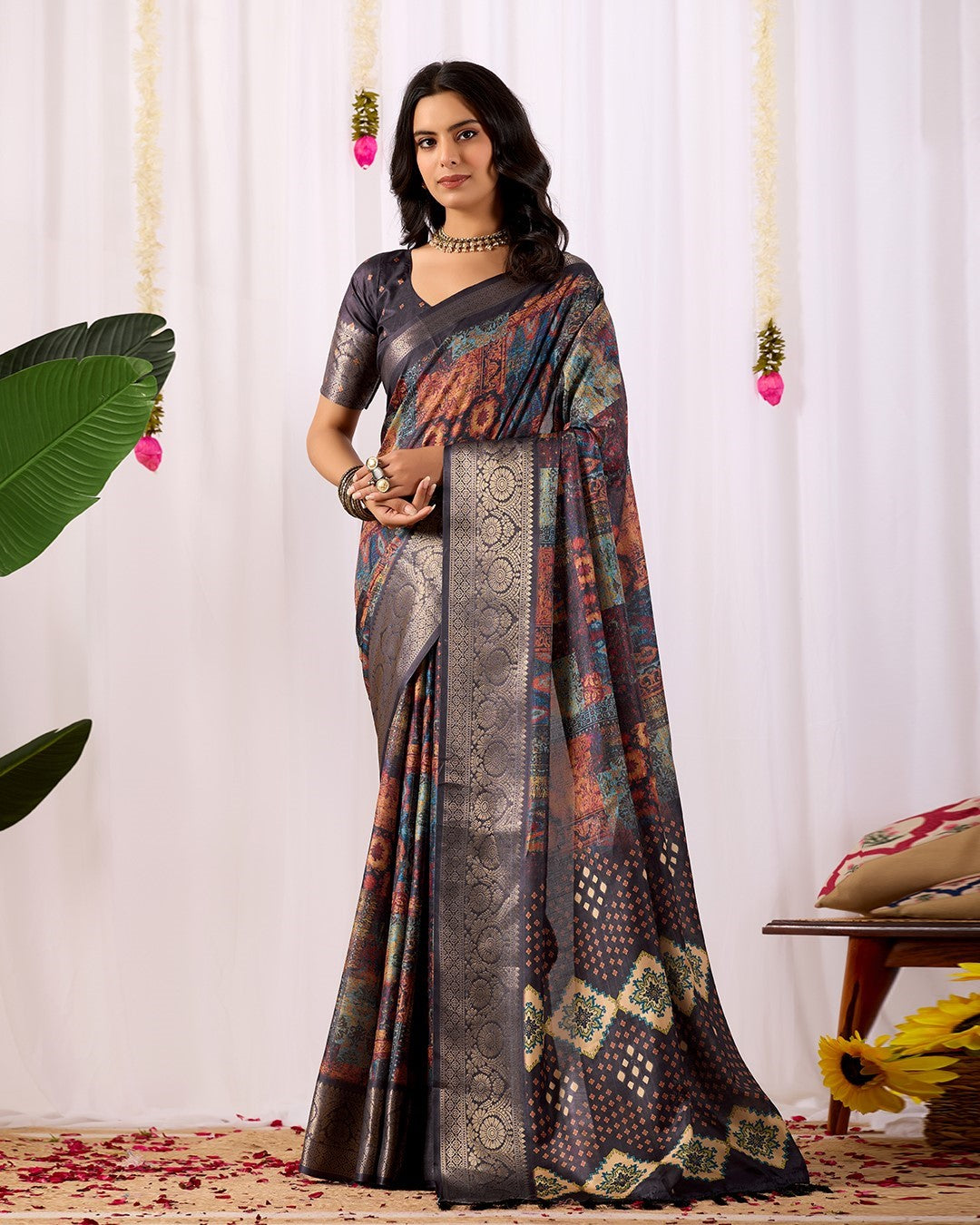 Black Soft Lichi Silk Saree With Digital Printed Classic Designer Saree