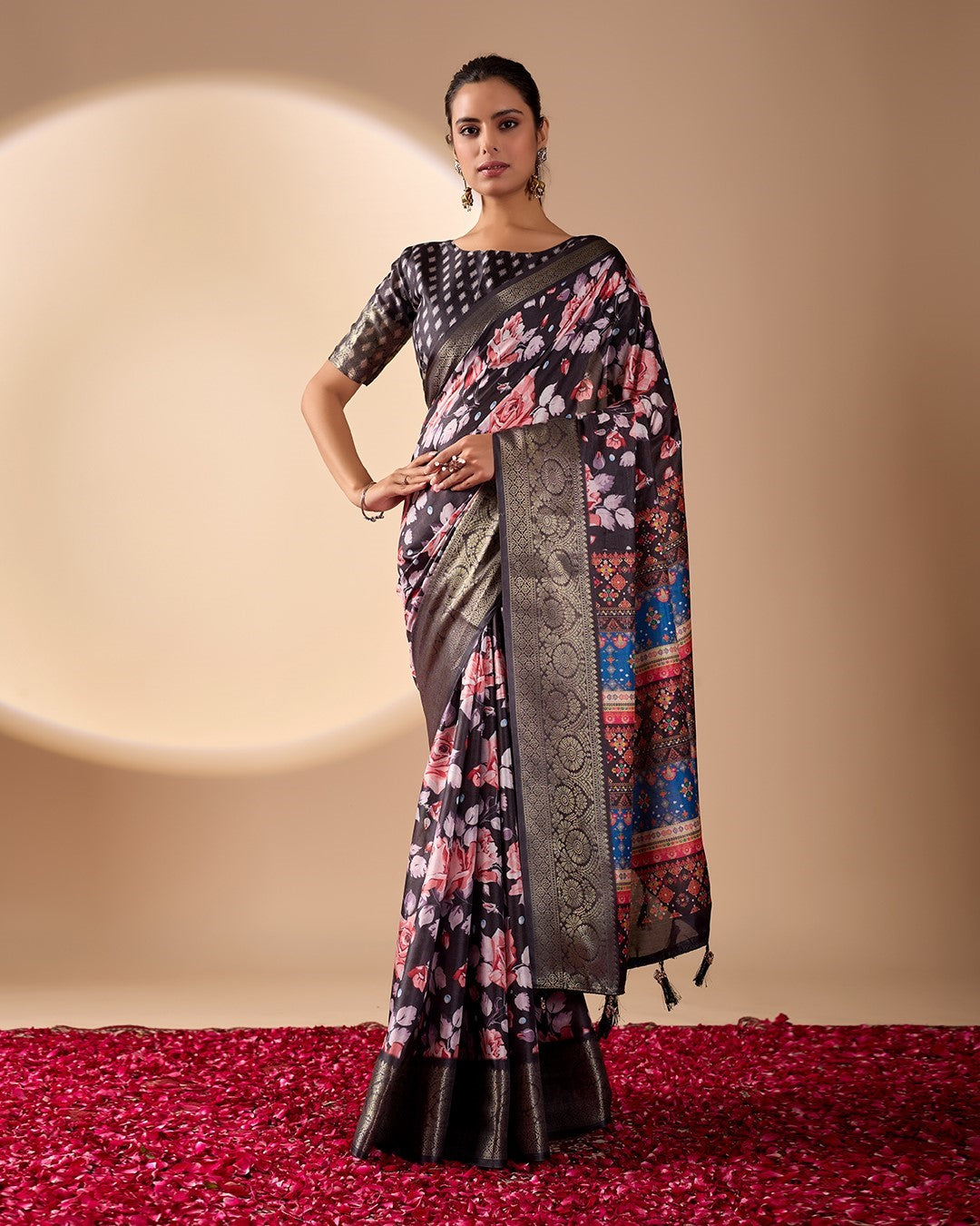Black Soft Lichi Silk Saree With Digital Printed Premium Classic Saree