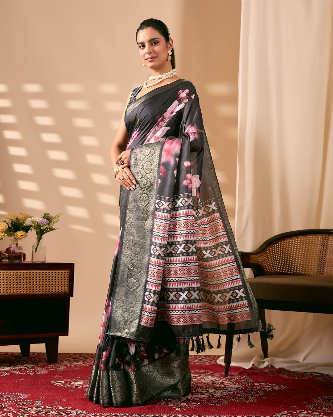 Black Soft Lichi Silk Saree With Digital Printed Premium Traditional Saree