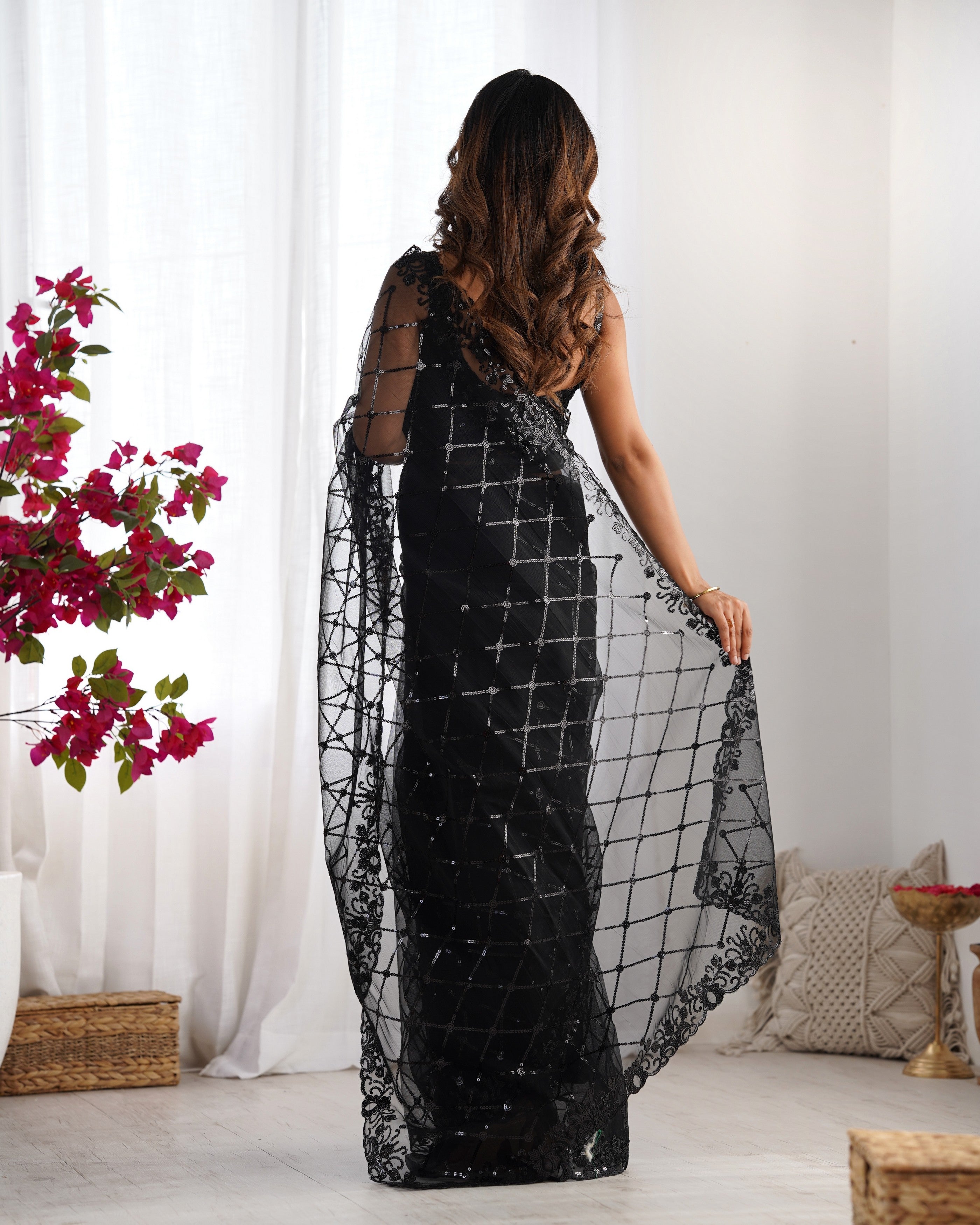 Black Soft Net Designer Sequins Embroidery Work Bollywood Style Saree
