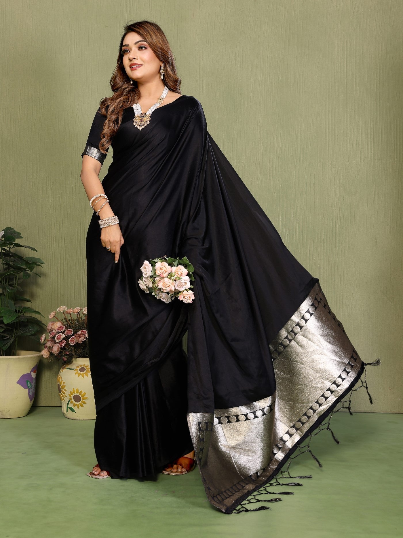 Black Soft Satin Silk Saree With Classic Zari Weaving