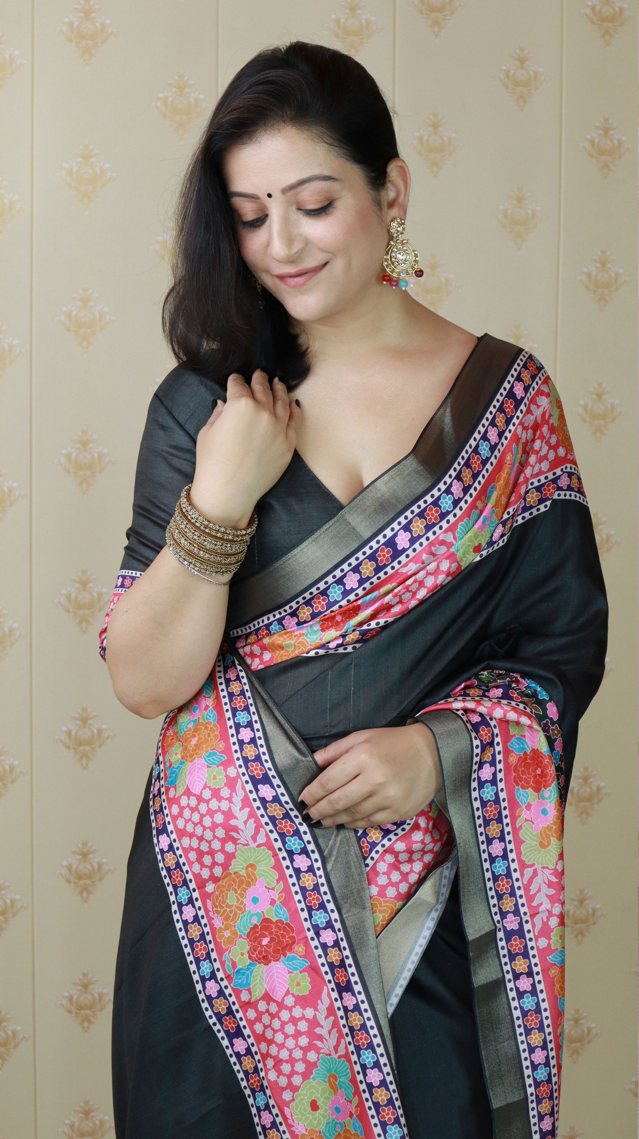 Black Tussar Silk Woven Jari Designer With Printed Elegant Party Saree