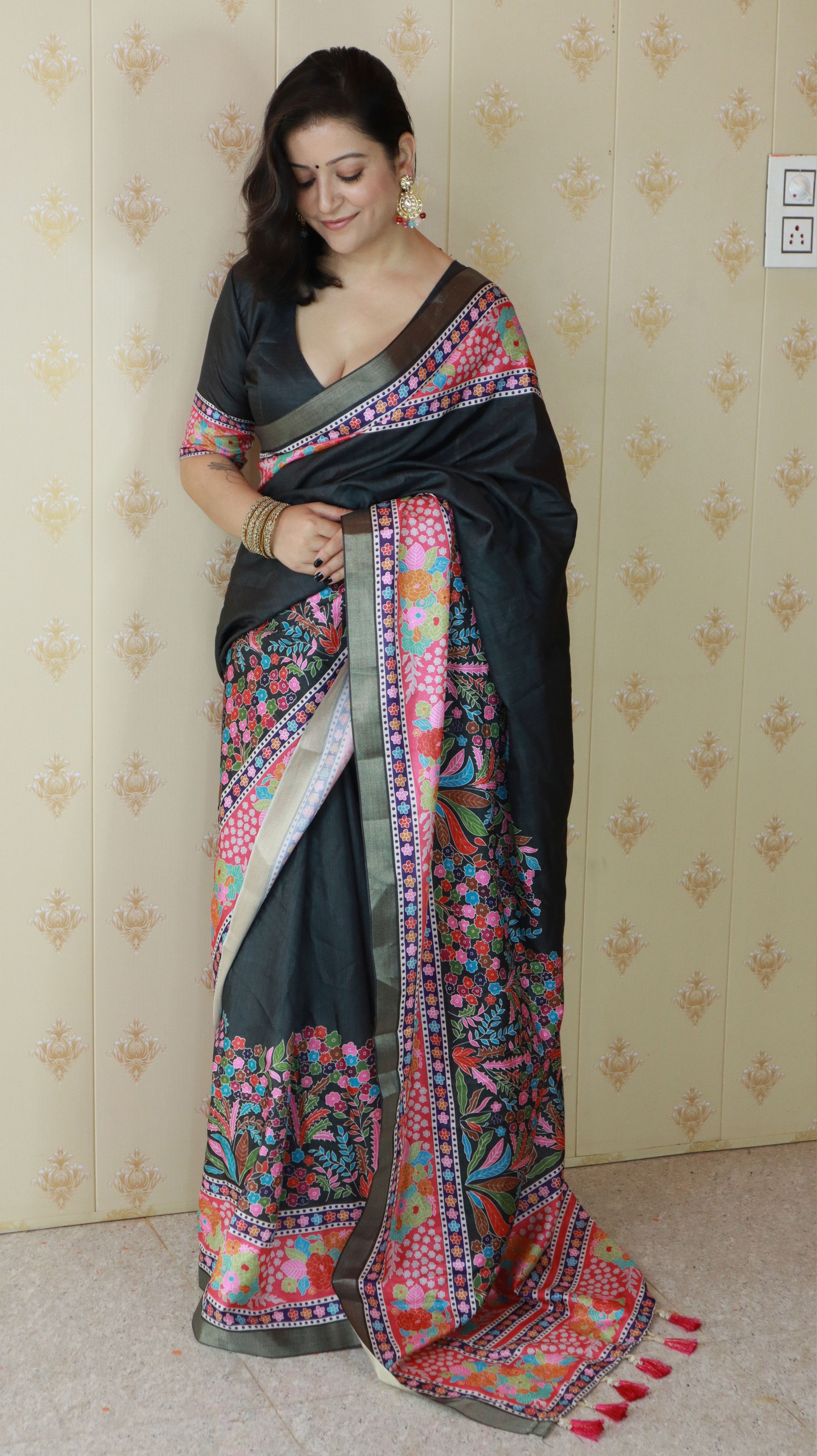 Black Tussar Silk Woven Jari Designer With Printed Elegant Party Saree