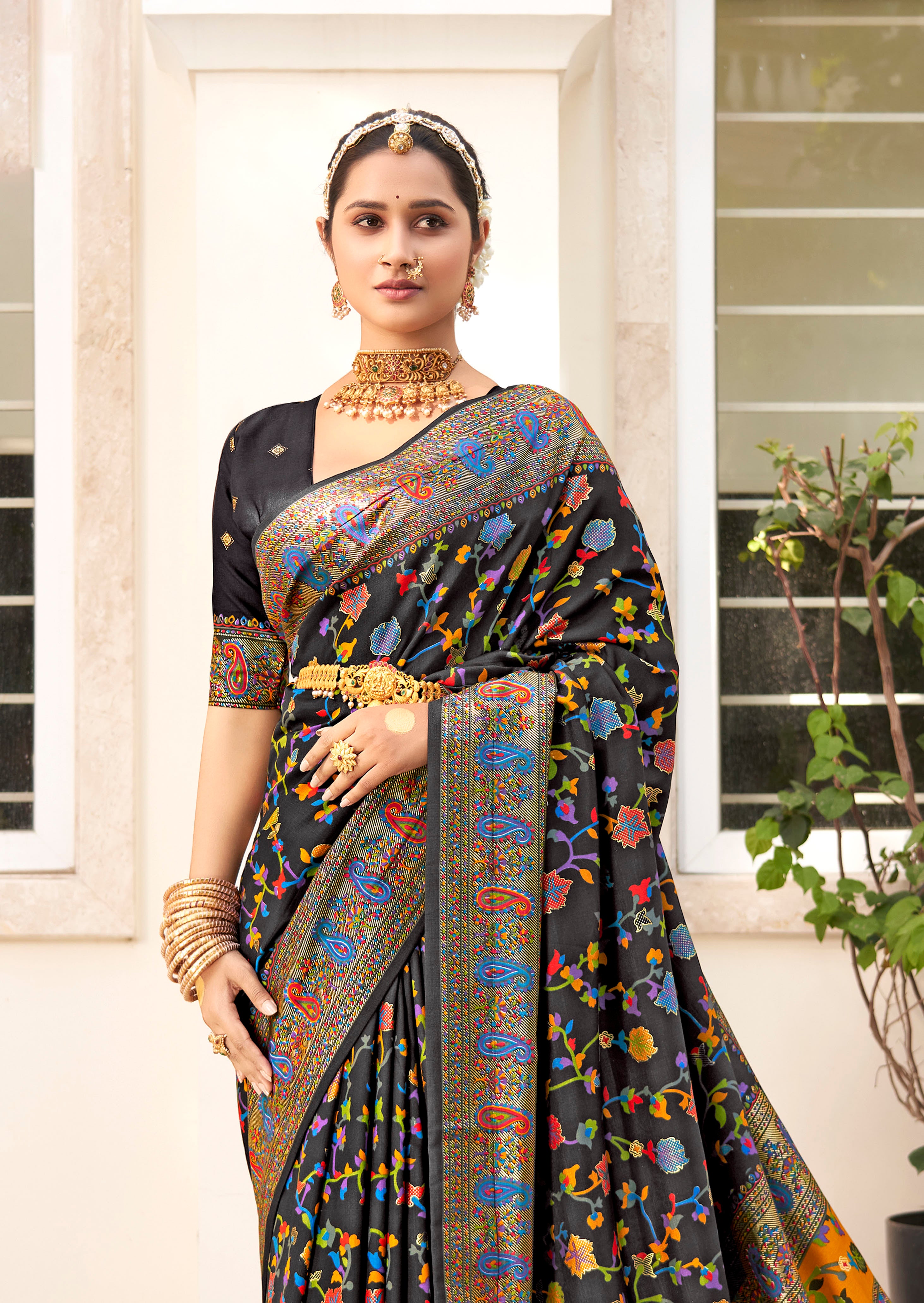 Black Velvet Tussar Silk Woven Designer With Floral Printed Ethnic Wedding Wear Saree