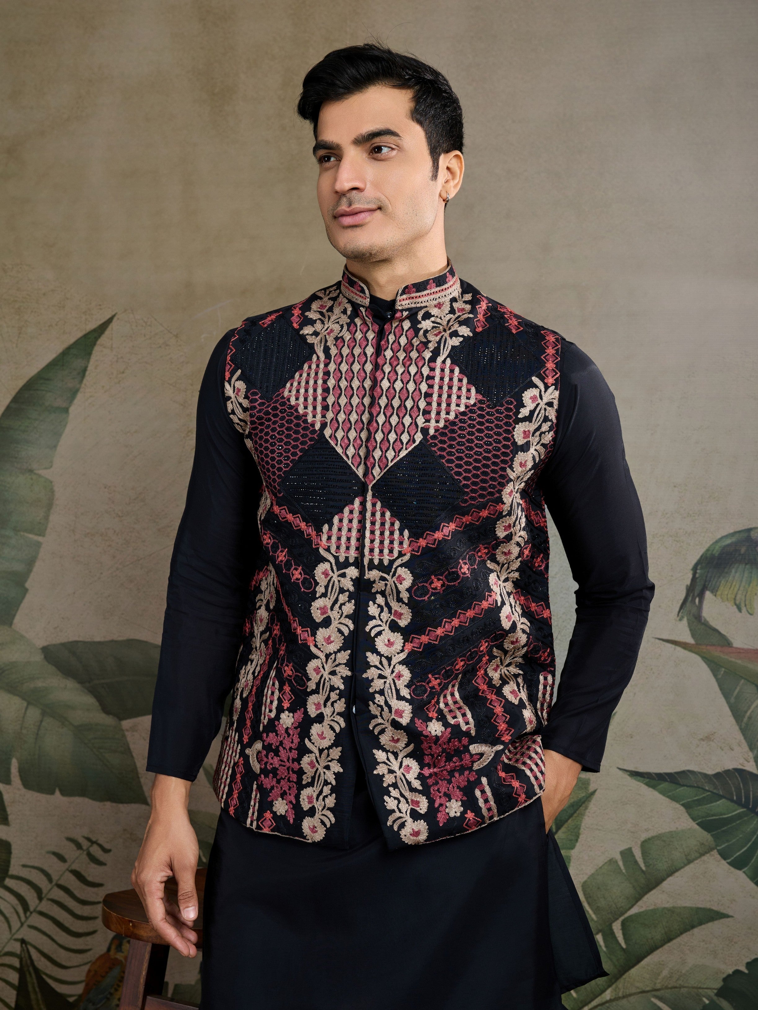 Black Viscose Silk Kurta with Swarovski Embroidery  Jacket