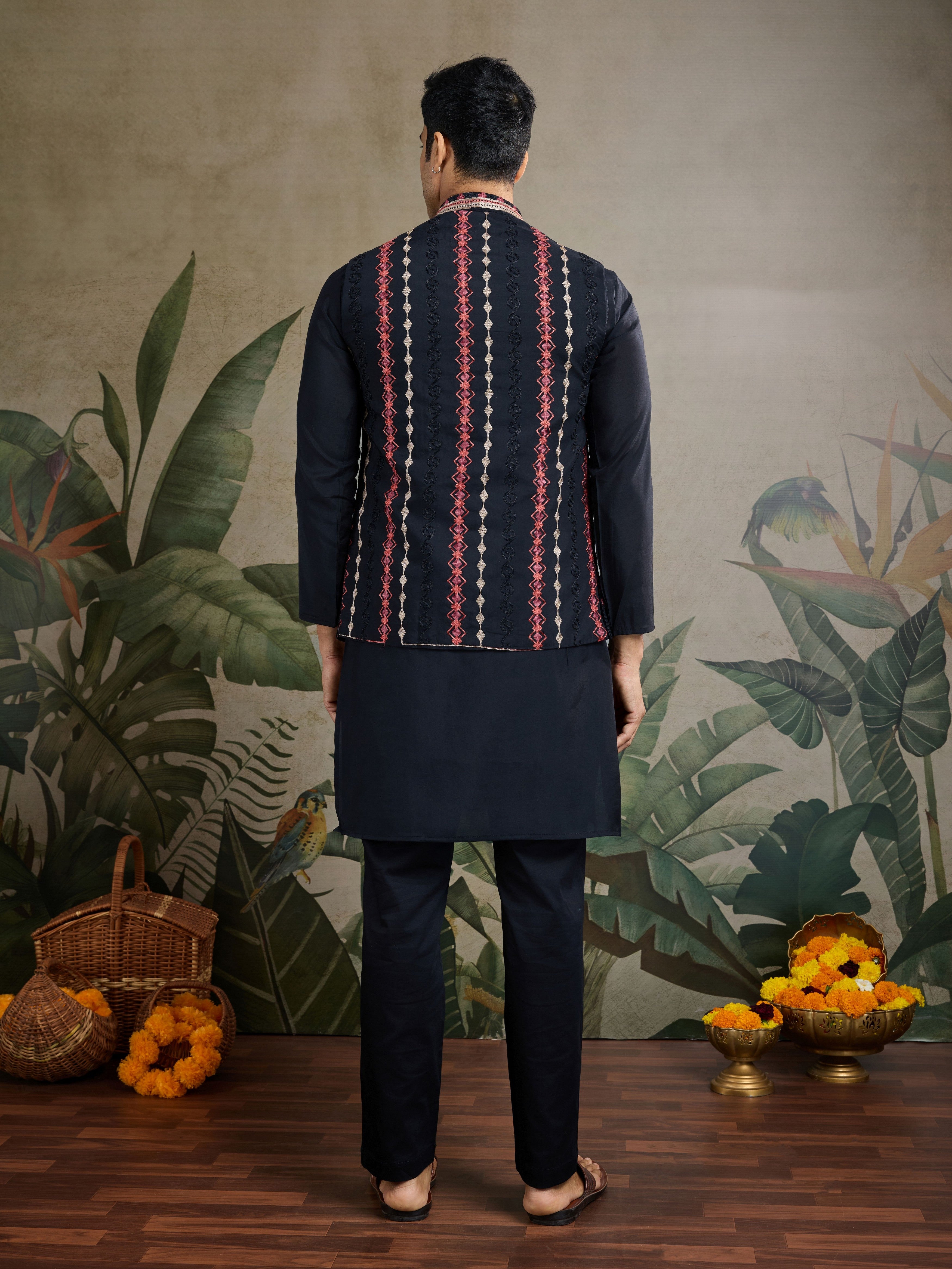 Black Viscose Silk Kurta with Swarovski Embroidery  Jacket