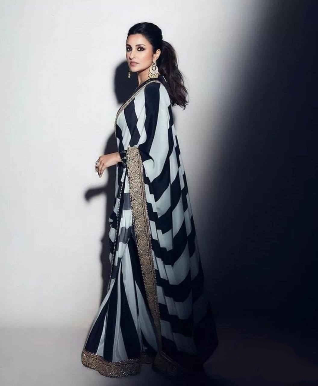 Black White Georgette Saree With Printed Design