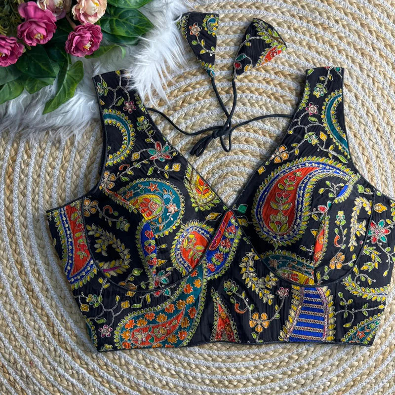 Black Womens Designer Heavy Work Saree Blouse  Pure Crepe Partywear Readymade Blouse