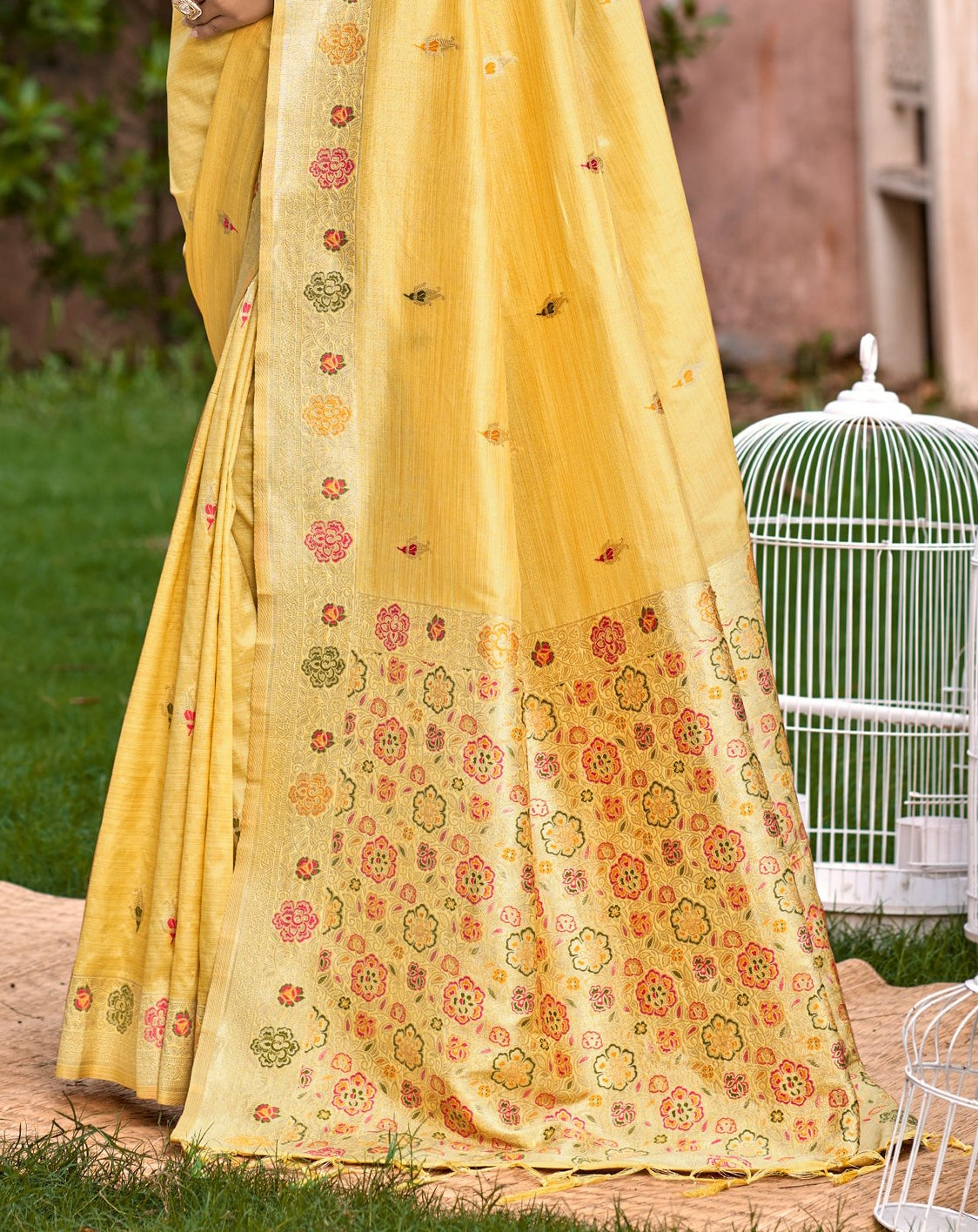 Blooming Yellow Assam Silk Meenakari Festival Saree