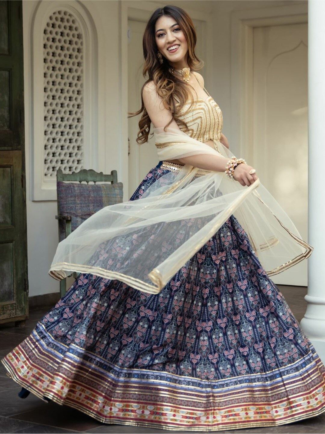 Blue Art Silk Lehenga Choli With Digital Print with Gota Patti Work