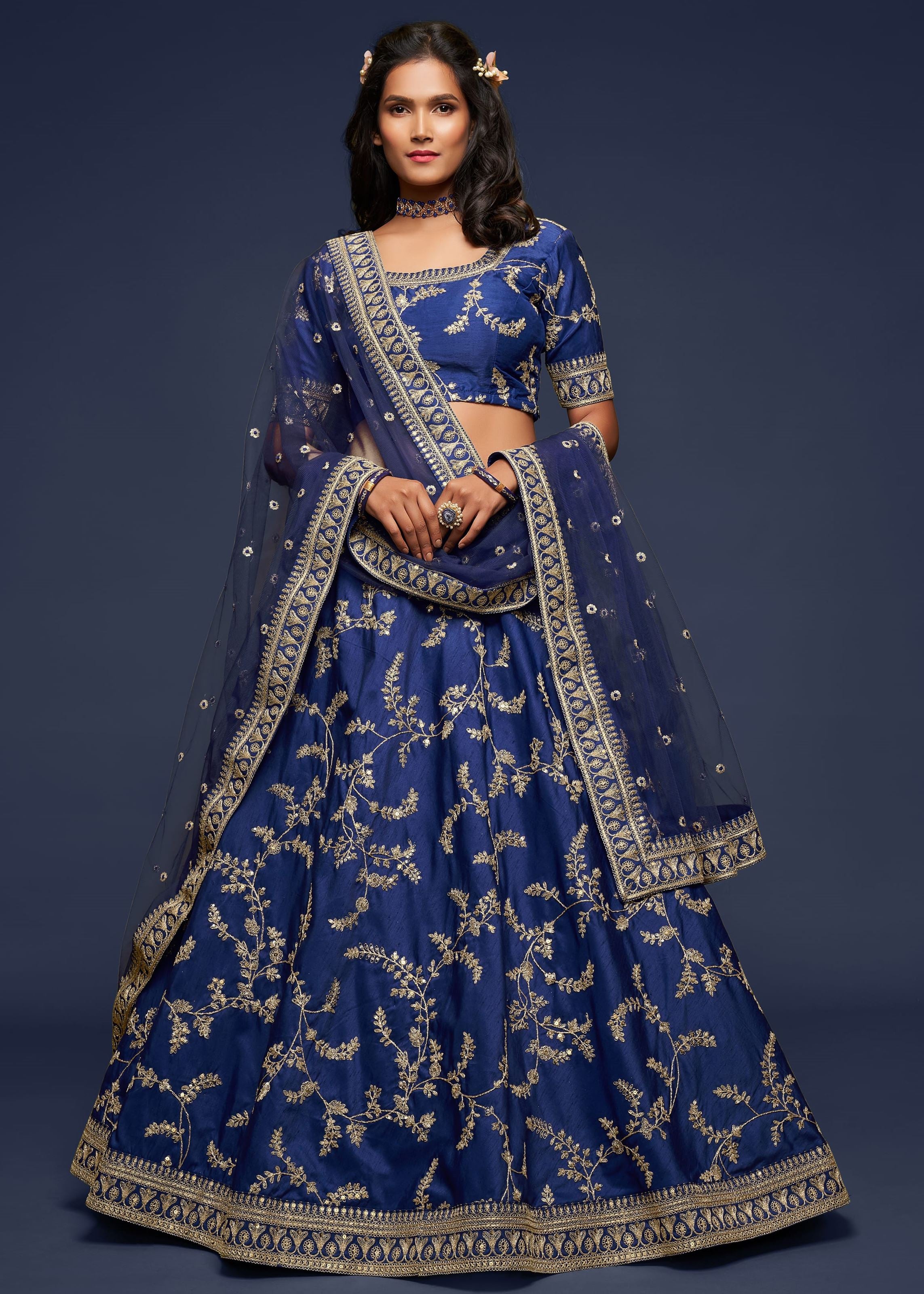 Blue Art Silk Lehenga Choli With Thread, Zari, Dori and Sequins Embroidery Work