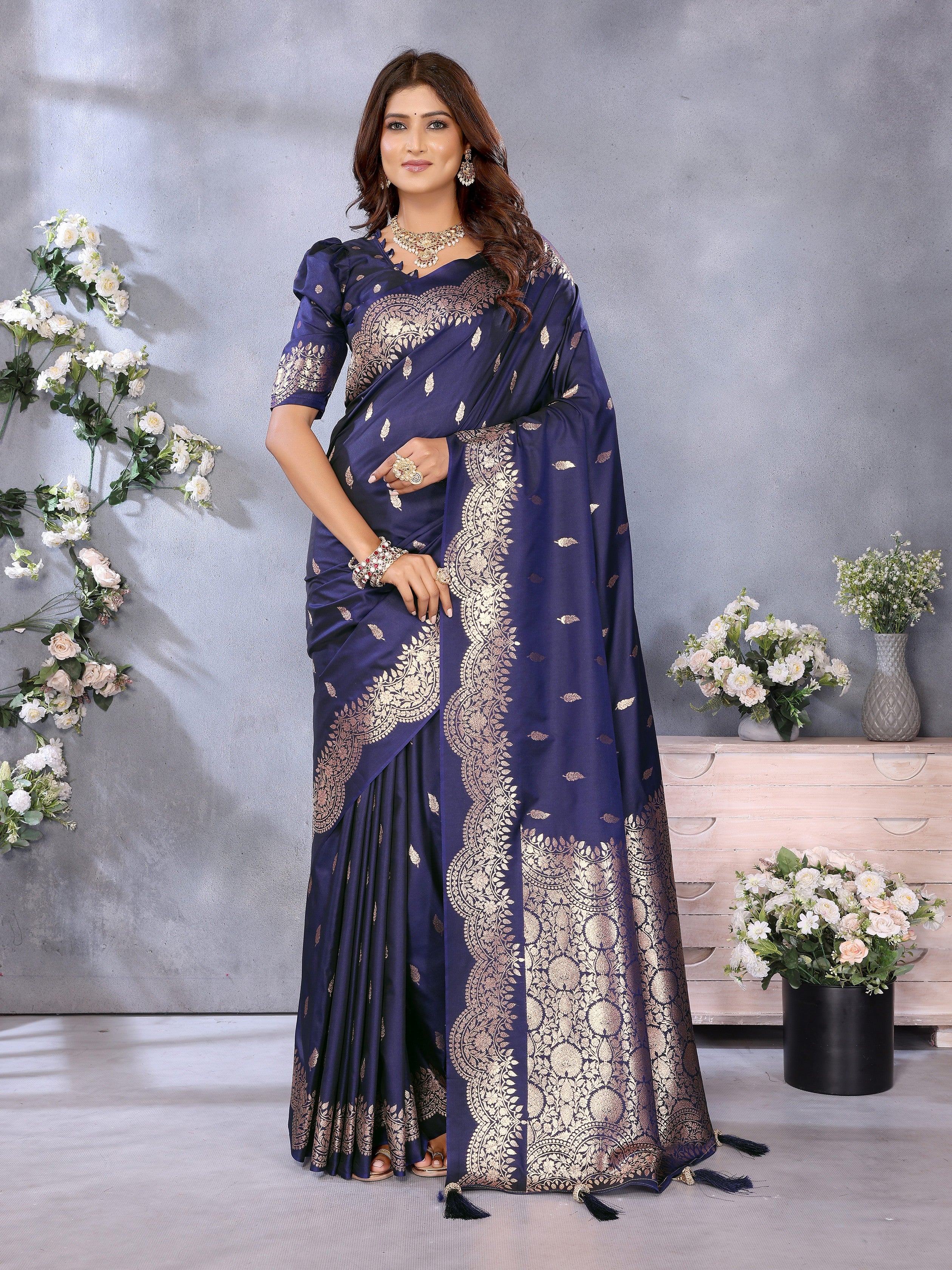 Blue Banarasi Silk Jacquard Weaving Designer Partywear Traditional Saree