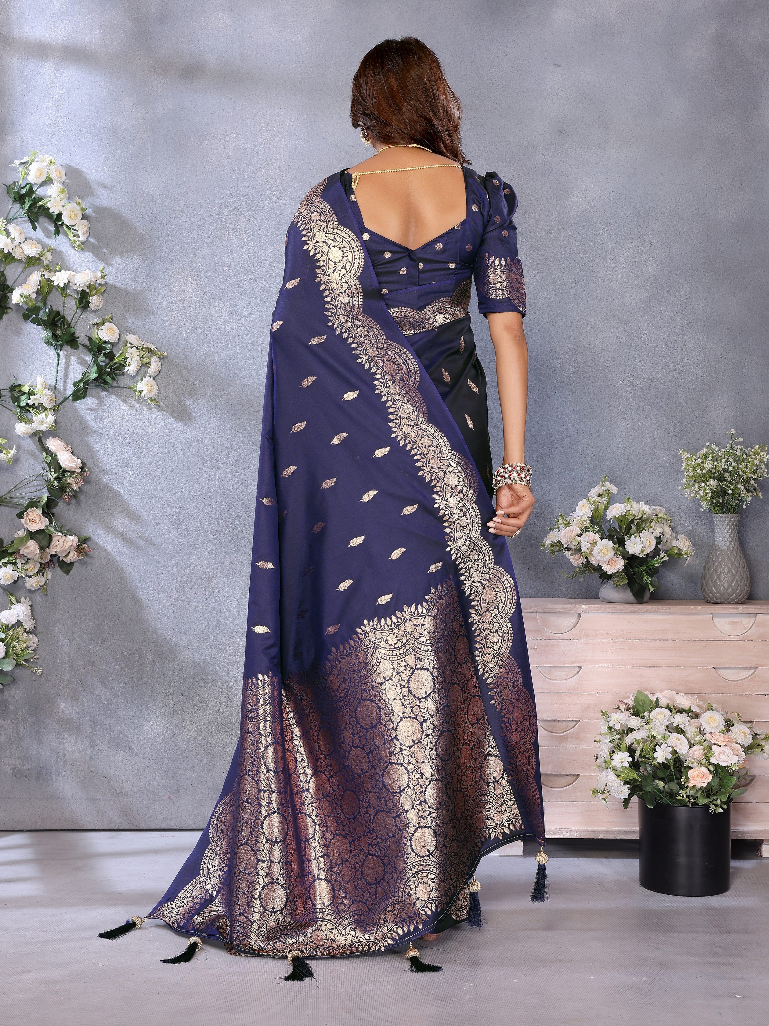 Blue Banarasi Silk Jacquard Weaving Designer Partywear Traditional Saree