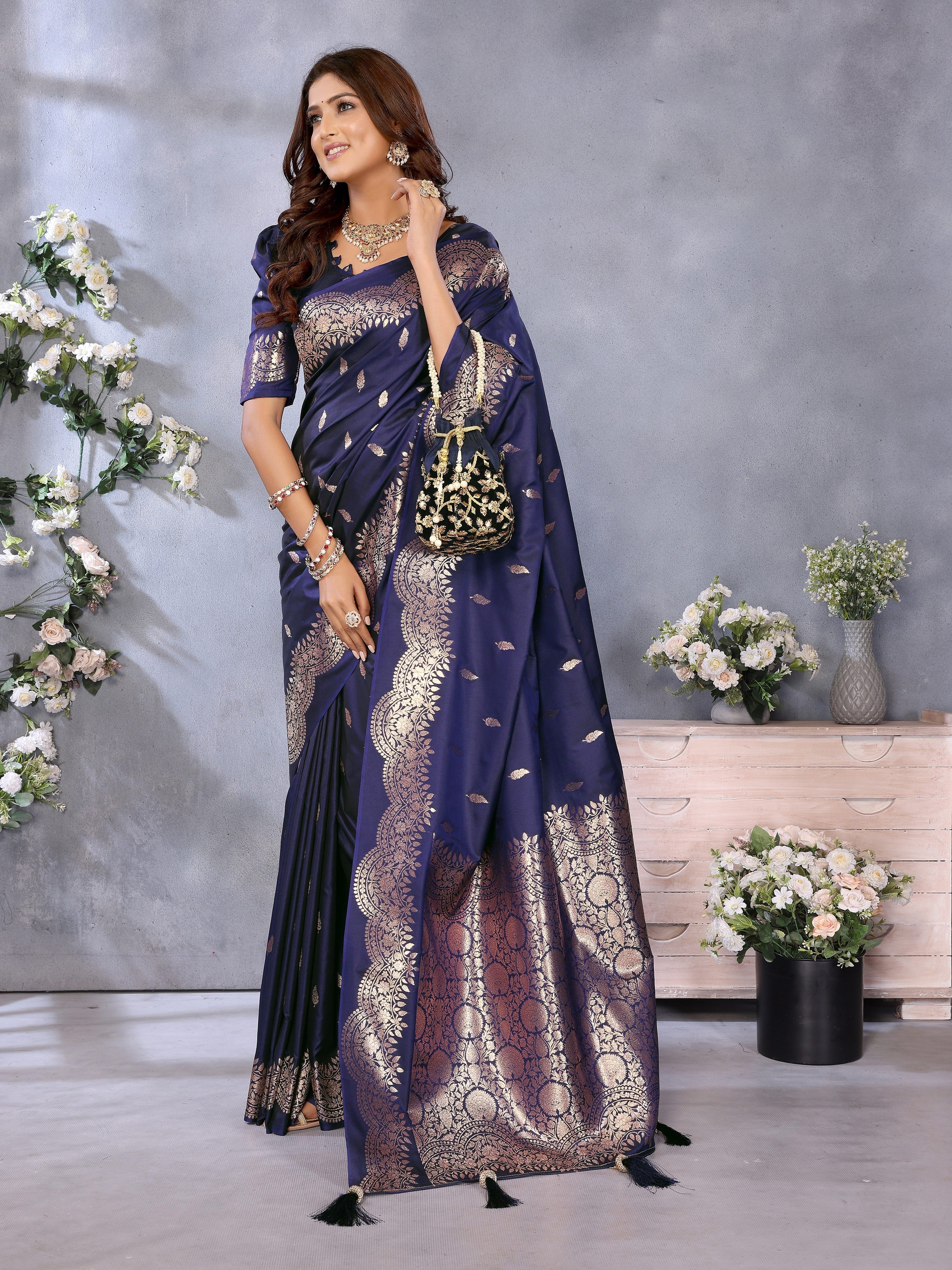 Blue Banarasi Silk Jacquard Weaving Designer Partywear Traditional Saree