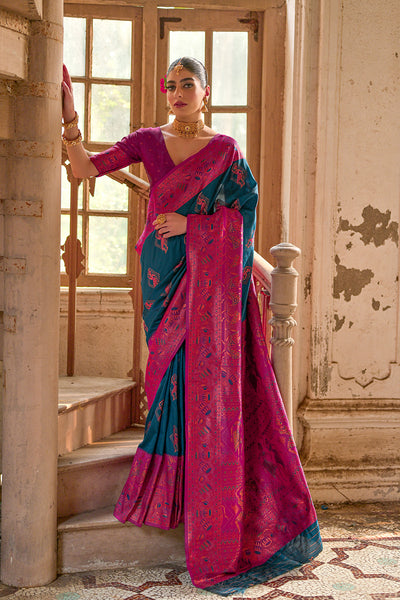 Blue Banarasi Silk Saree with Kalamkari Zari Design