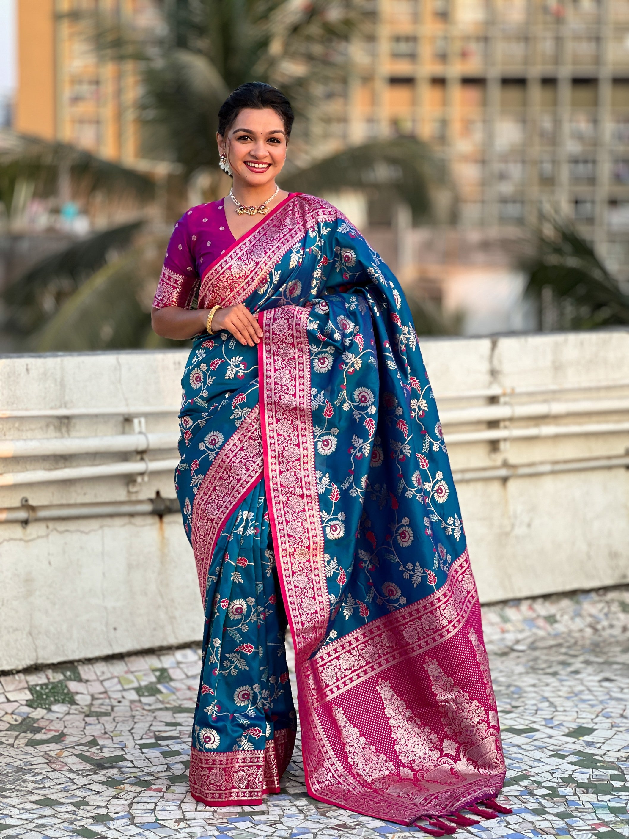 Blue Banarasi Silk Weaving Meenakari Designer Heavy Looks Saree