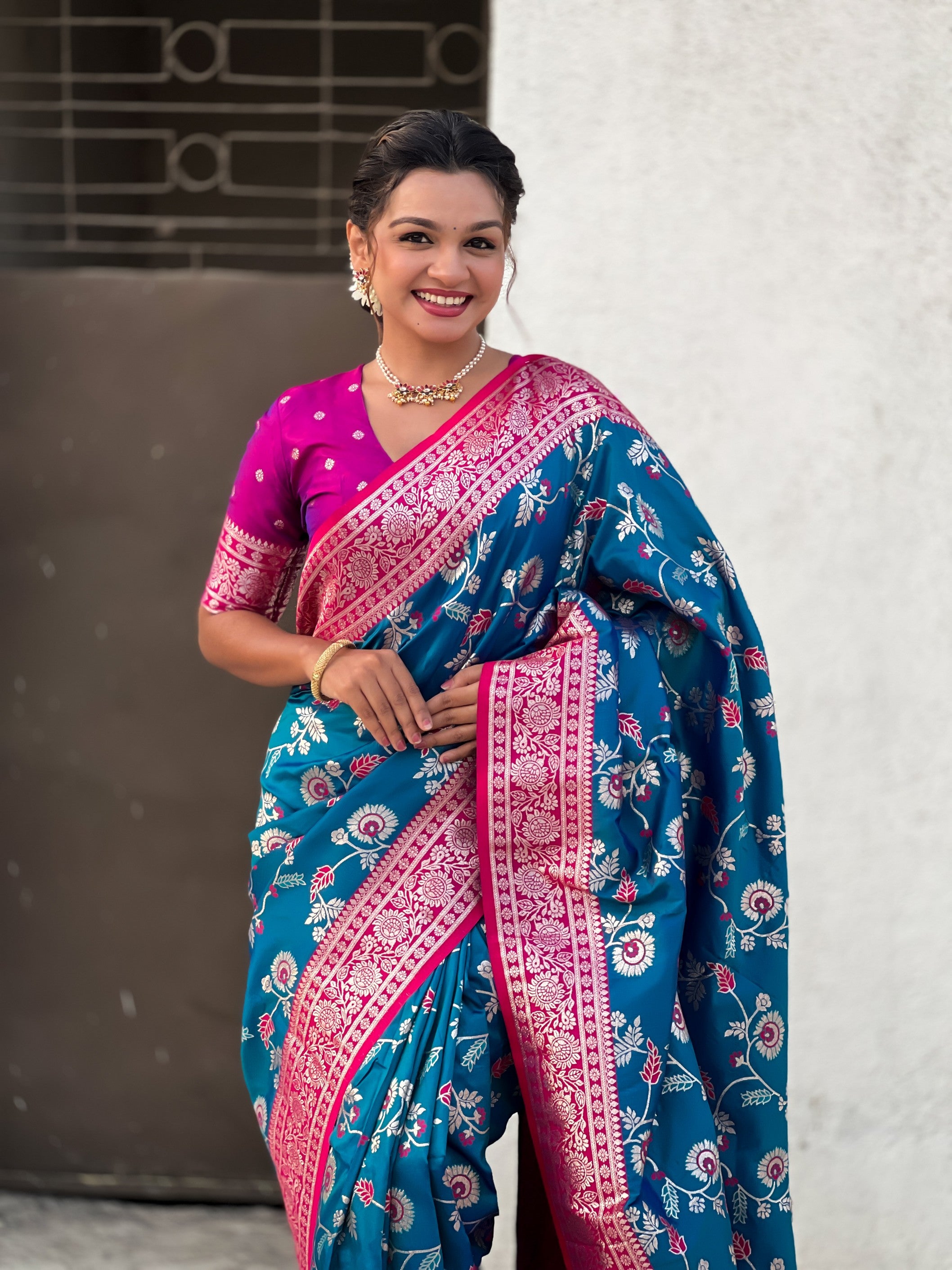 Blue Banarasi Silk Weaving Meenakari Designer Heavy Looks Saree