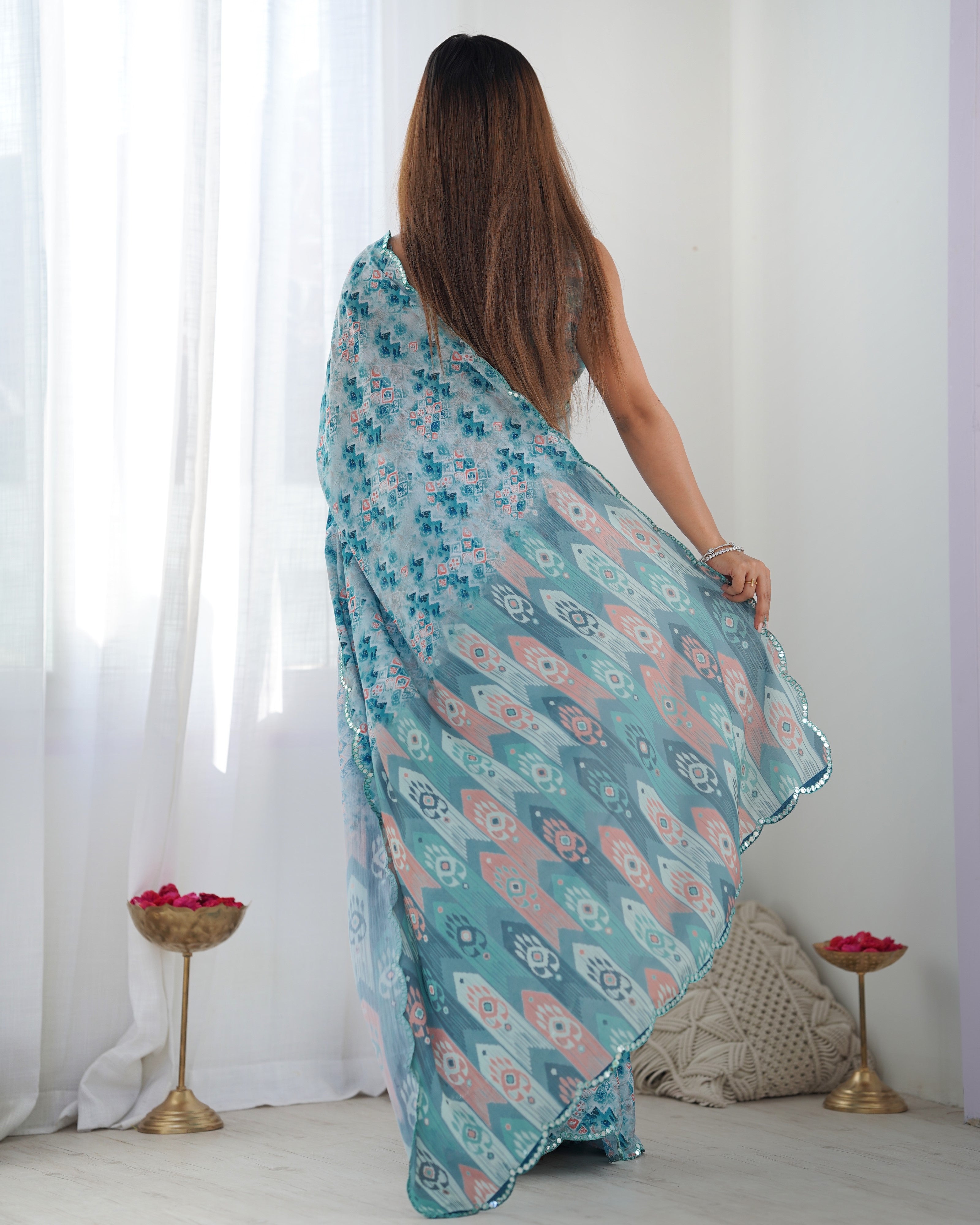 Blue Beautiful Chinon Fabric Digital Printed Saree With Mirror Cut Work