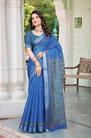 Blue Beautiful Designer Printed Saree With Woven Border