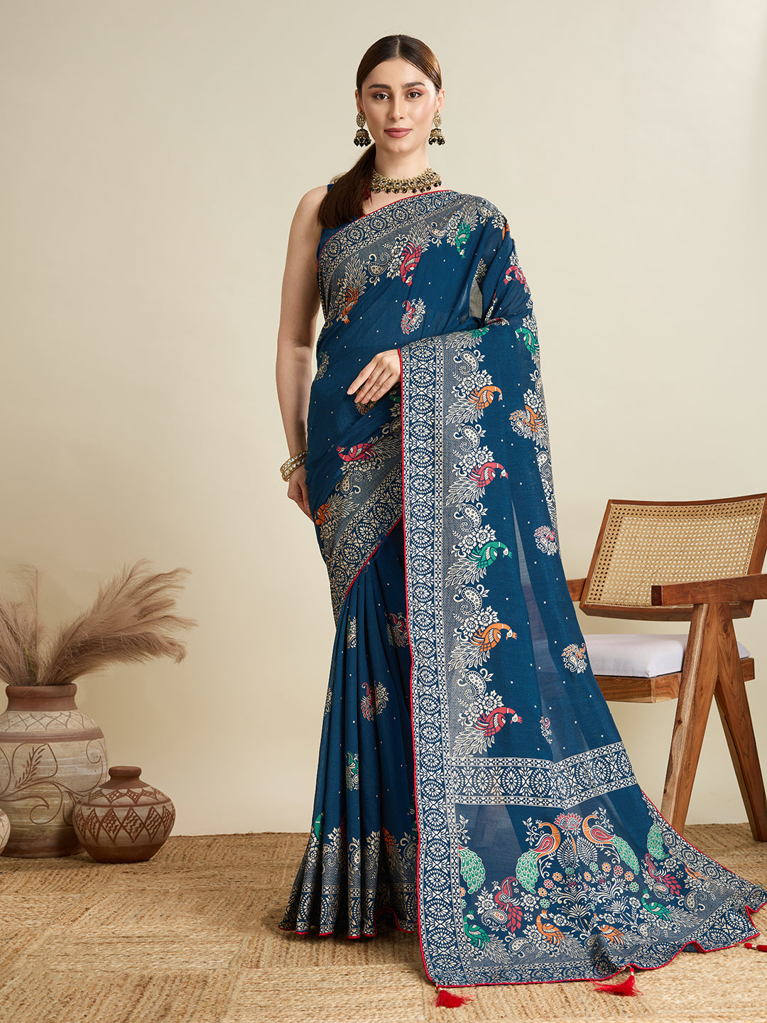 Blue Beautiful Designer Table Printed With Foil Cotton Blended Saree