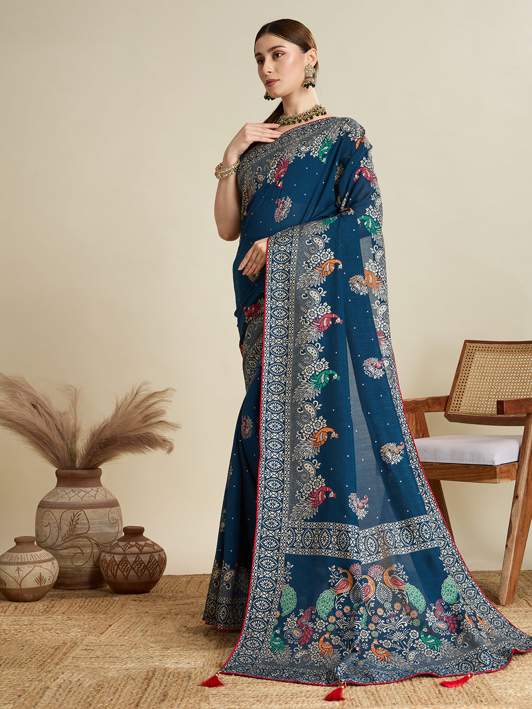 Blue Beautiful Designer Table Printed With Foil Cotton Blended Saree