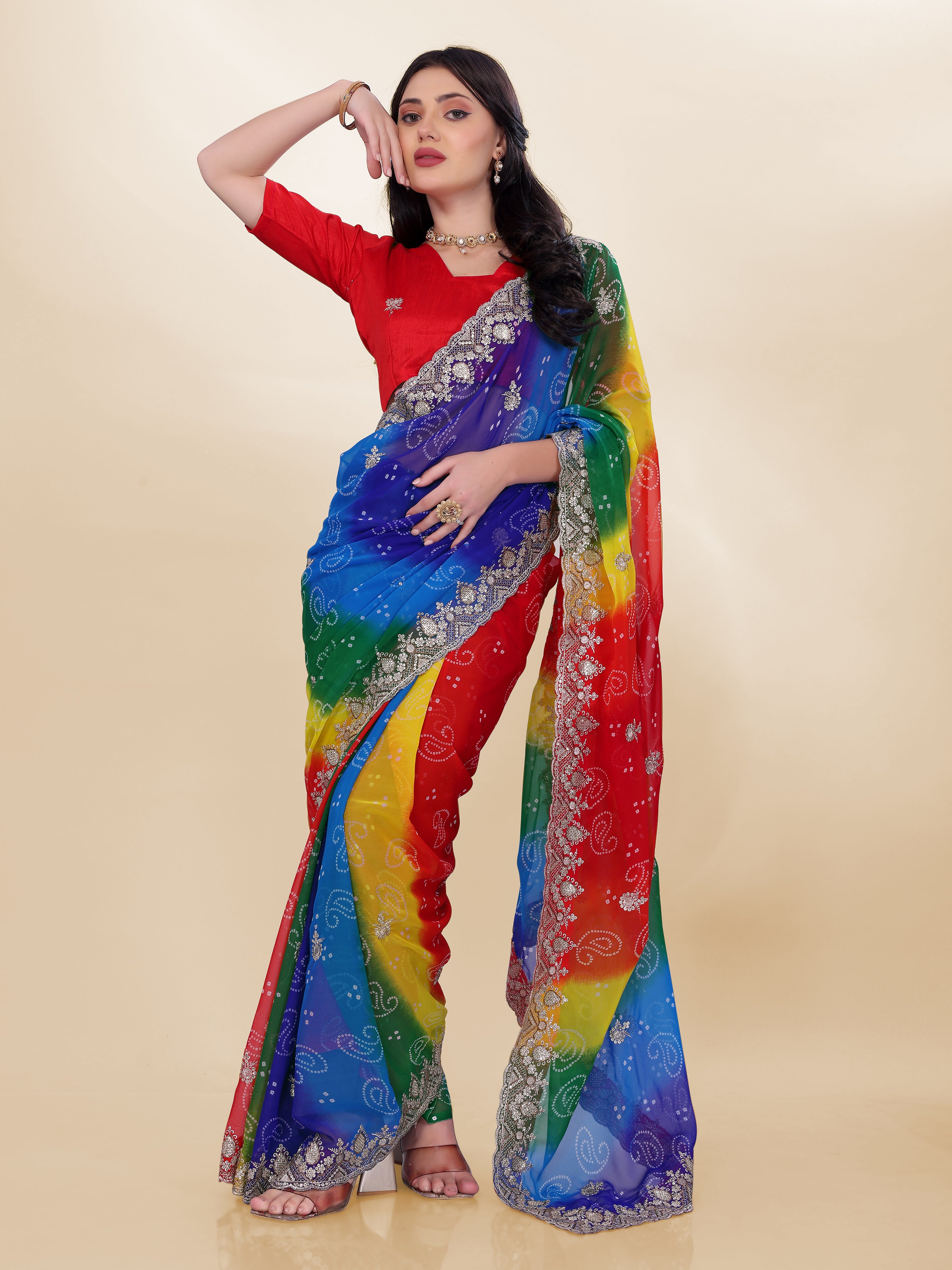 Blue Beautiful Georgette Bandhej Printed Festive Saree