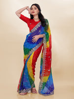 Blue Beautiful Georgette Bandhej Printed Festive Saree