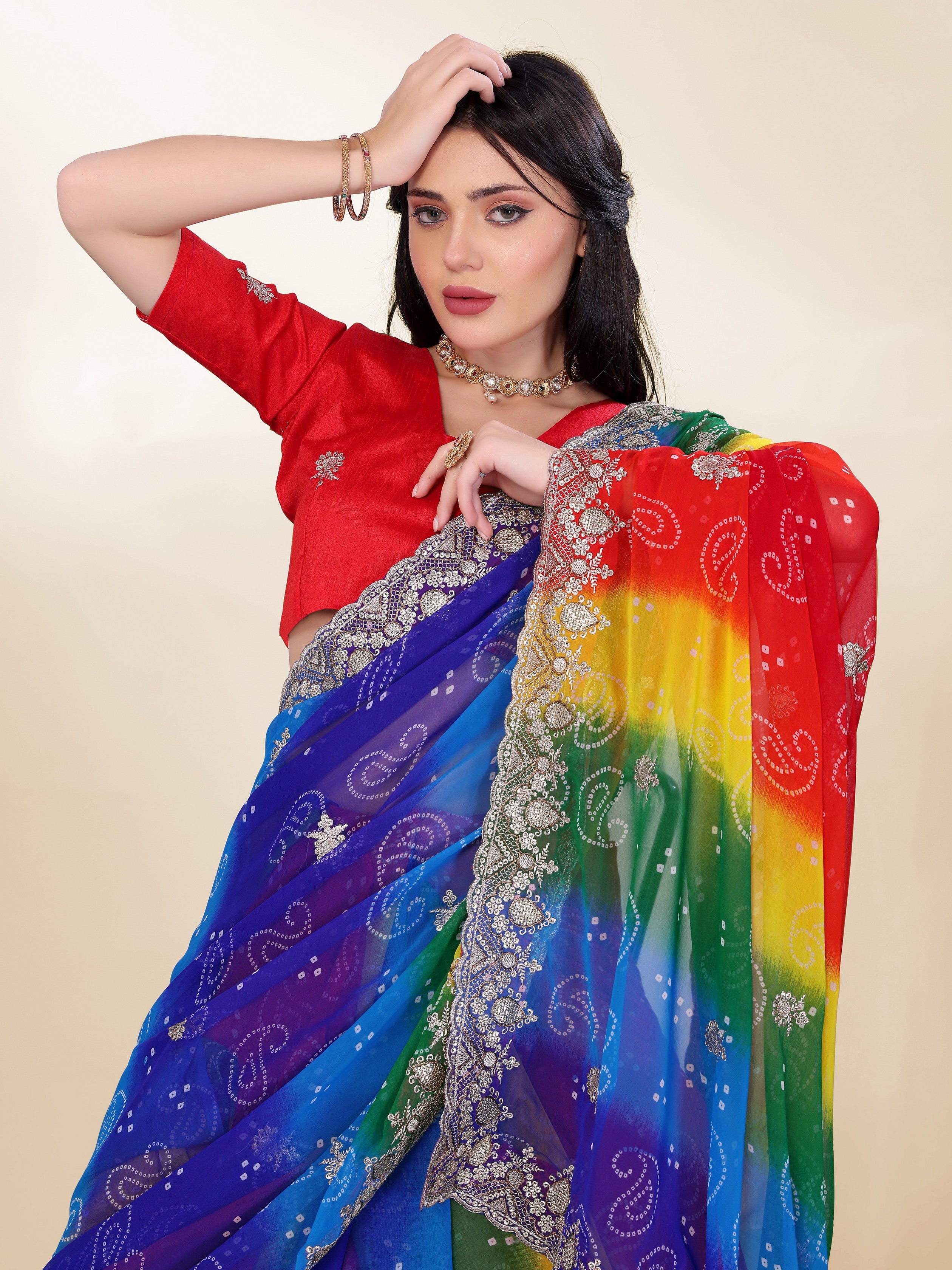 Blue Beautiful Georgette Bandhej Printed Festive Saree