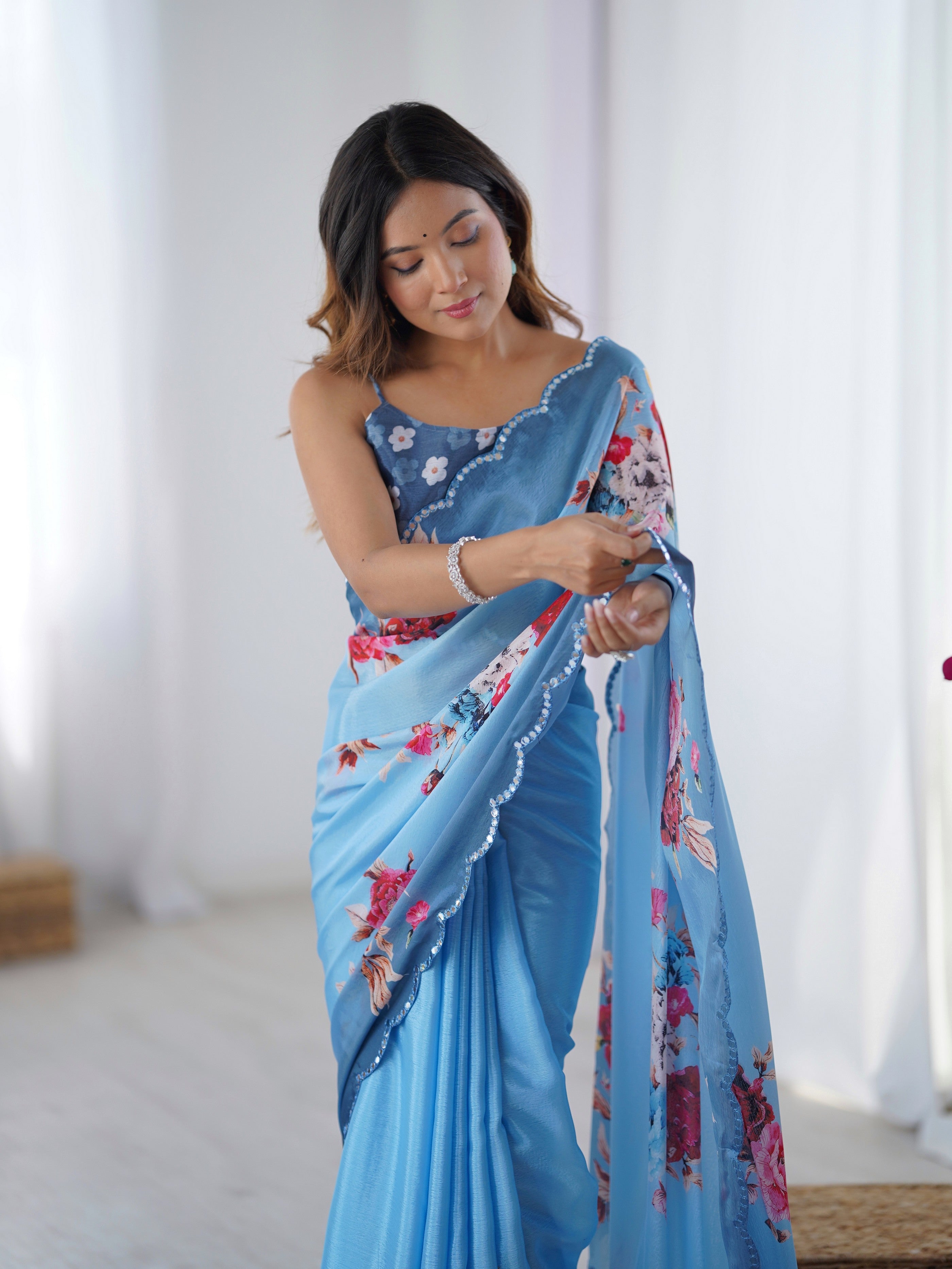 Blue Beautiful Printed Chinon Saree With Stylish Border For Girlie Looks