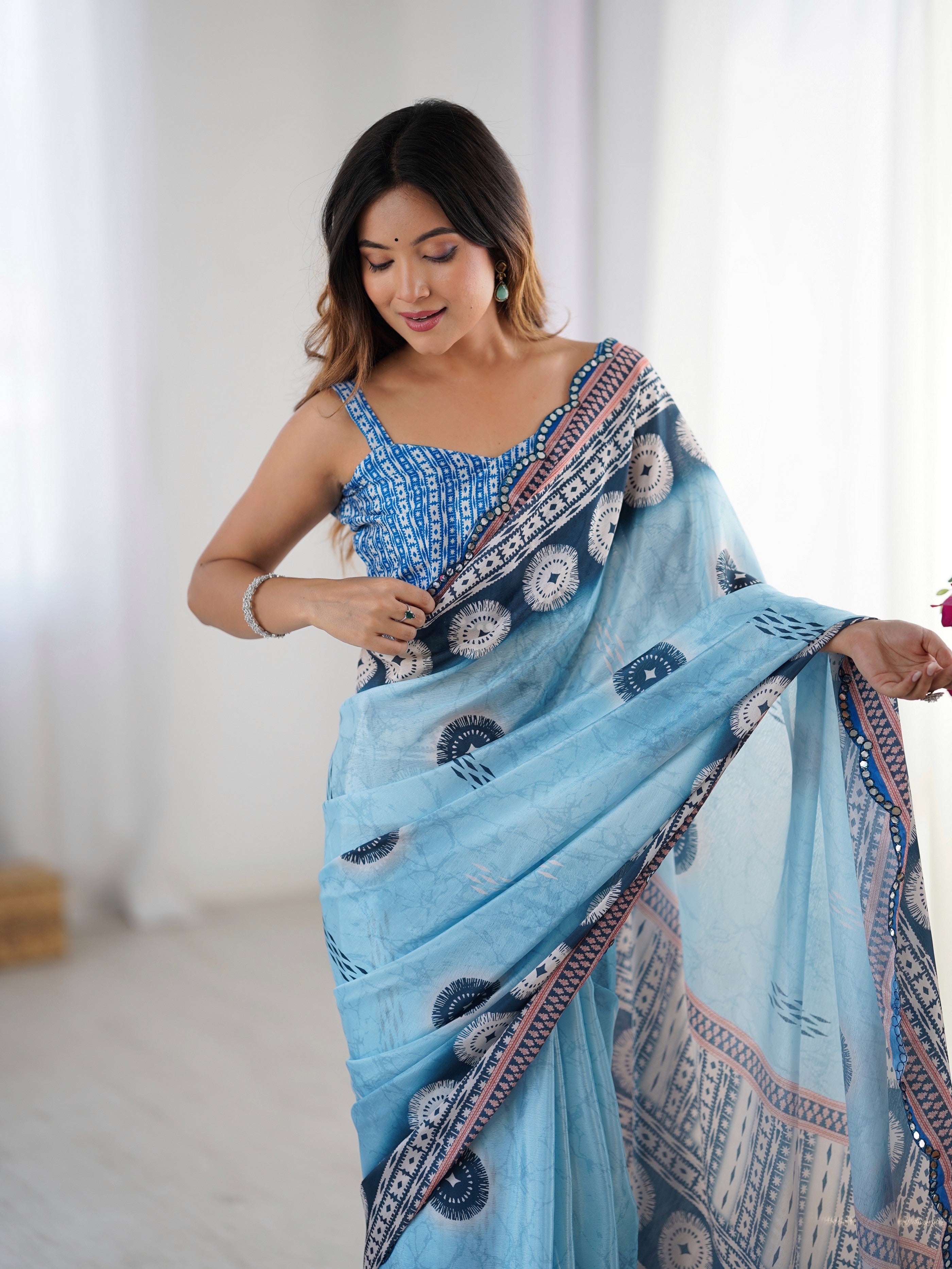 Blue Beautiful Printed Chinon Saree With Stylish Border For Girlie Looks