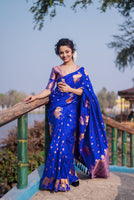 Blue Beautiful Woven Jari Nandi Designer Moonga Silk Saree