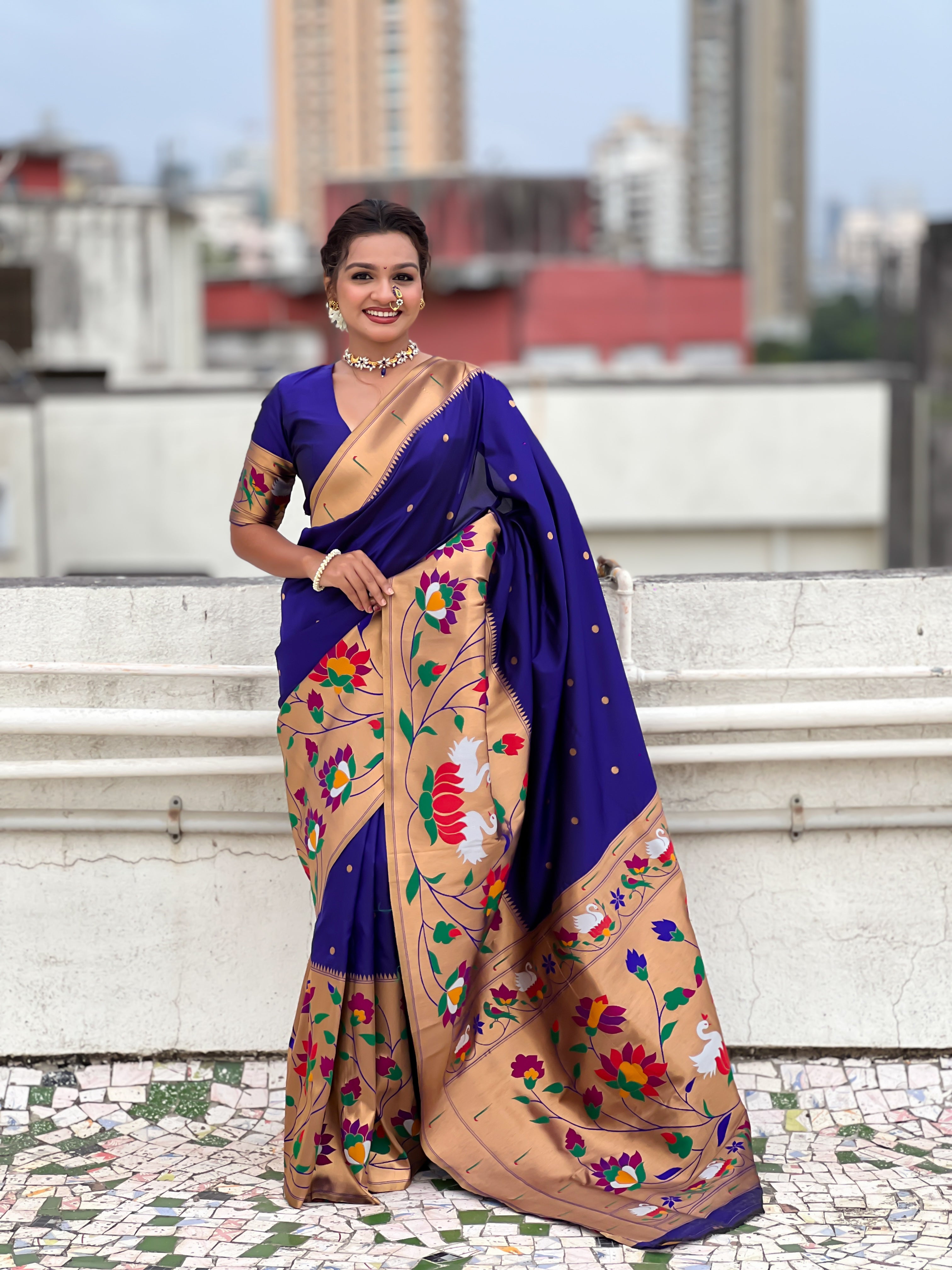 Blue Beautiful Woven Meenakari Polka Designer Paithani Silk Ethnic Graceful Saree