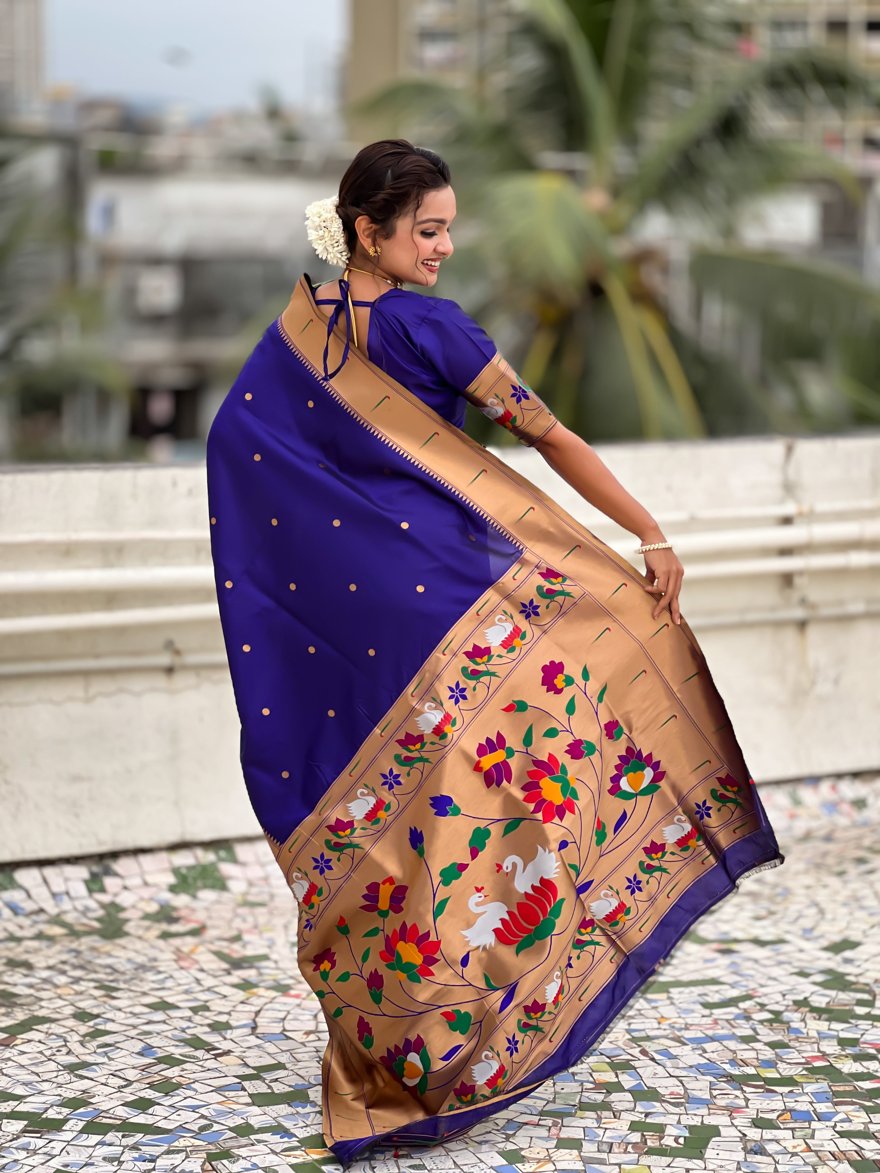 Blue Beautiful Woven Meenakari Polka Designer Paithani Silk Ethnic Graceful Saree