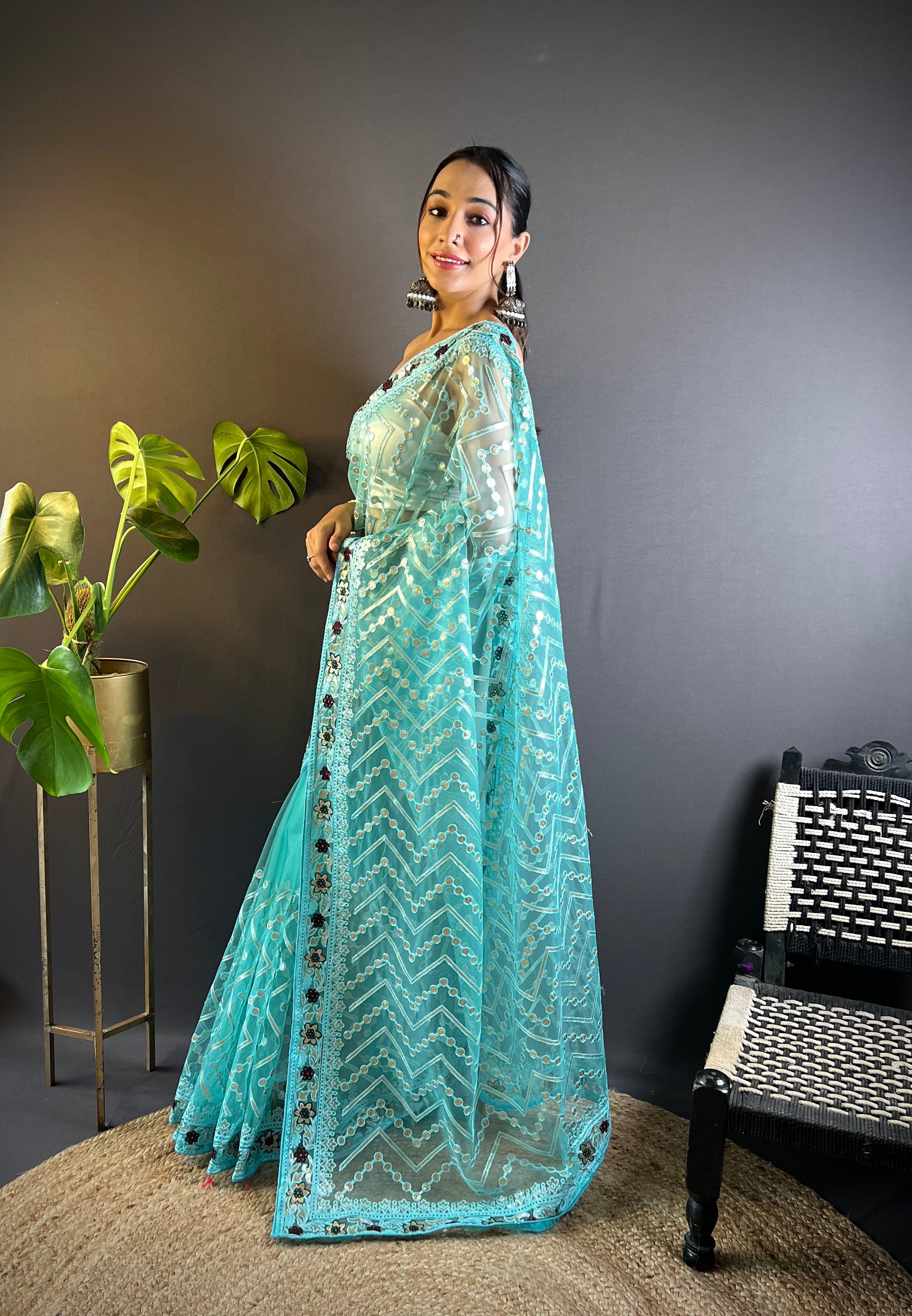 Blue Butterfly Net Fabric Embroidery Work Ceremonial Saree
