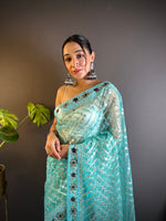 Blue Butterfly Net Fabric Embroidery Work Ceremonial Saree