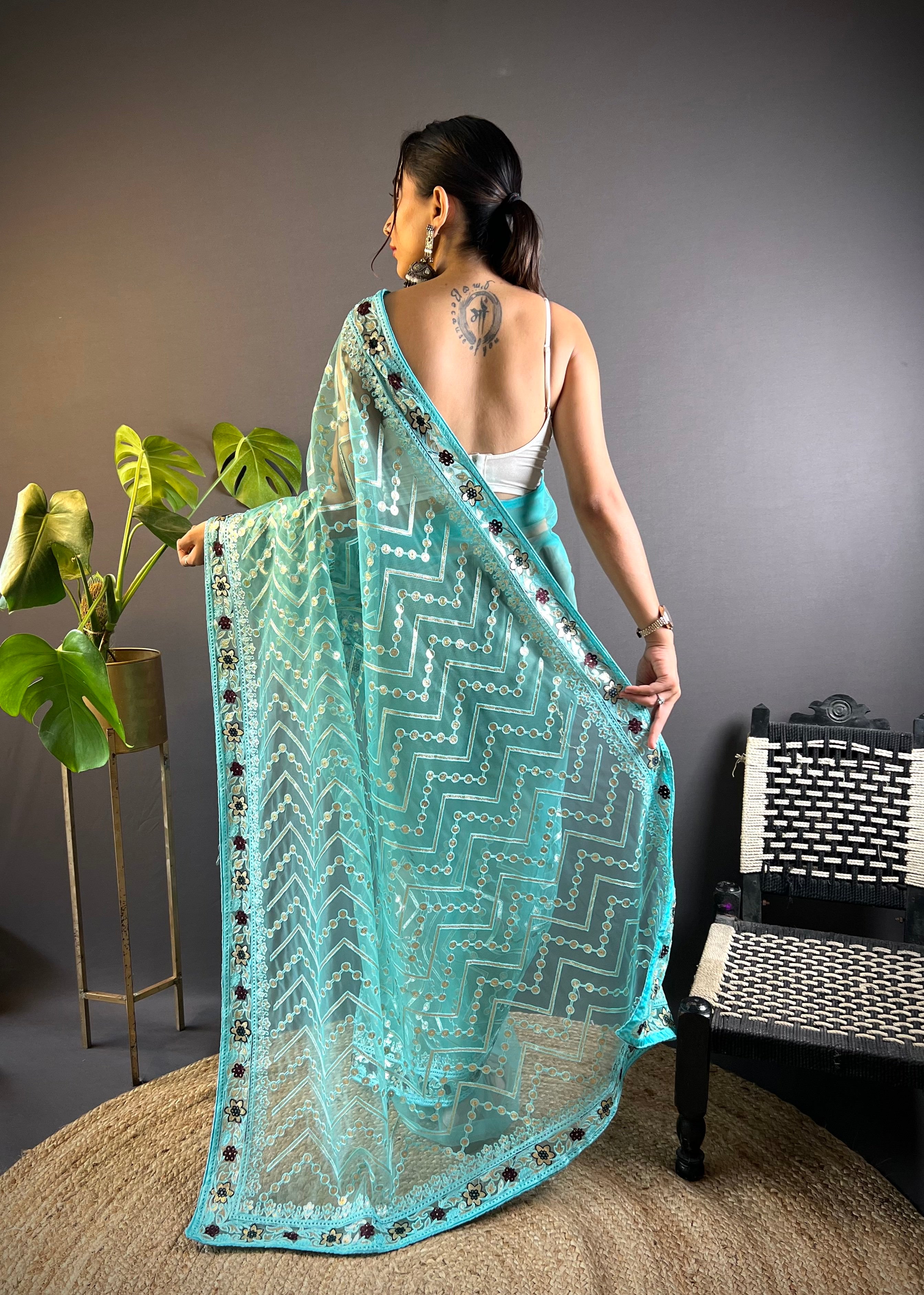 Blue Butterfly Net Fabric Embroidery Work Ceremonial Saree