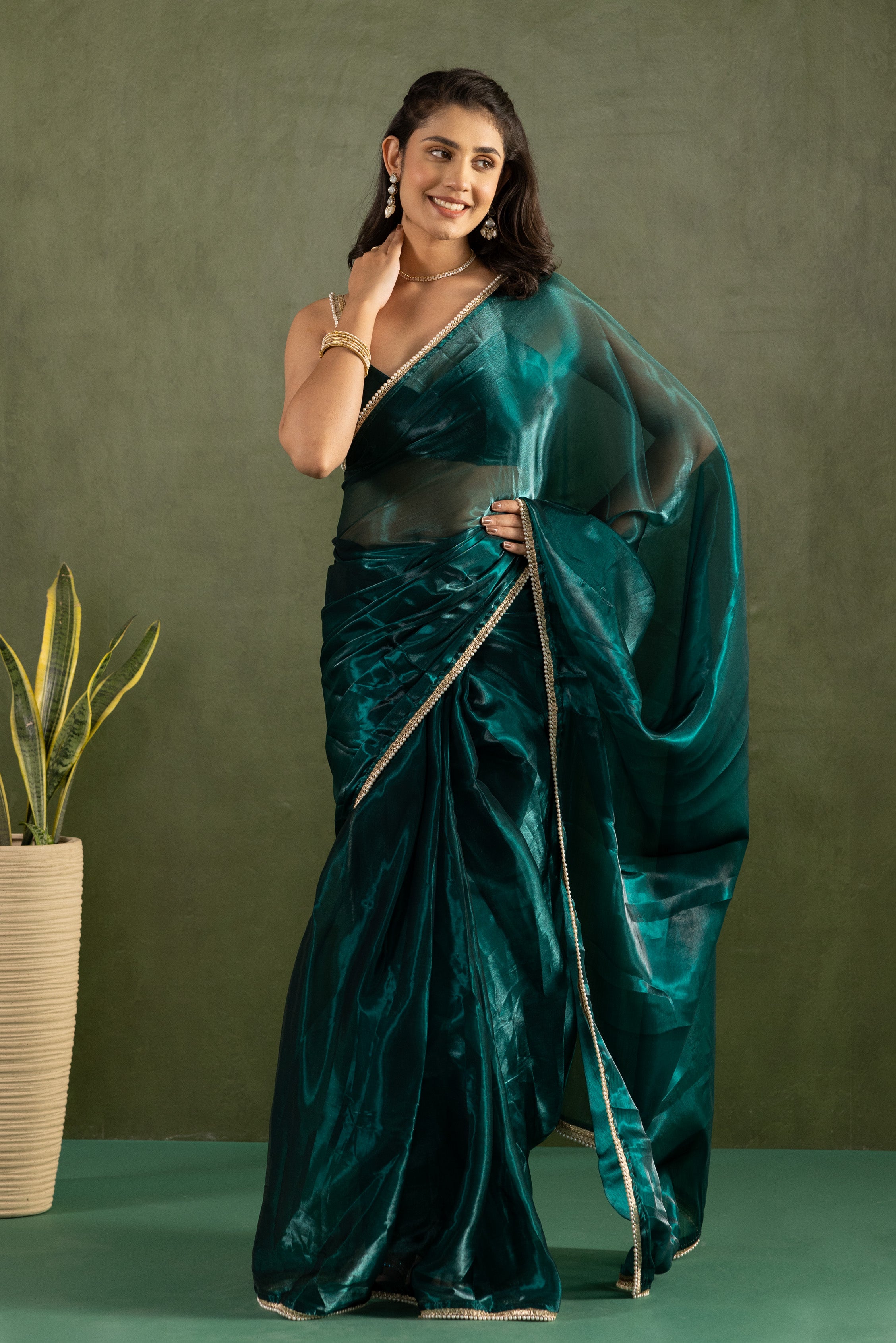 Blue Chiffon Ready To Wear Designer Solid Partywear Saree